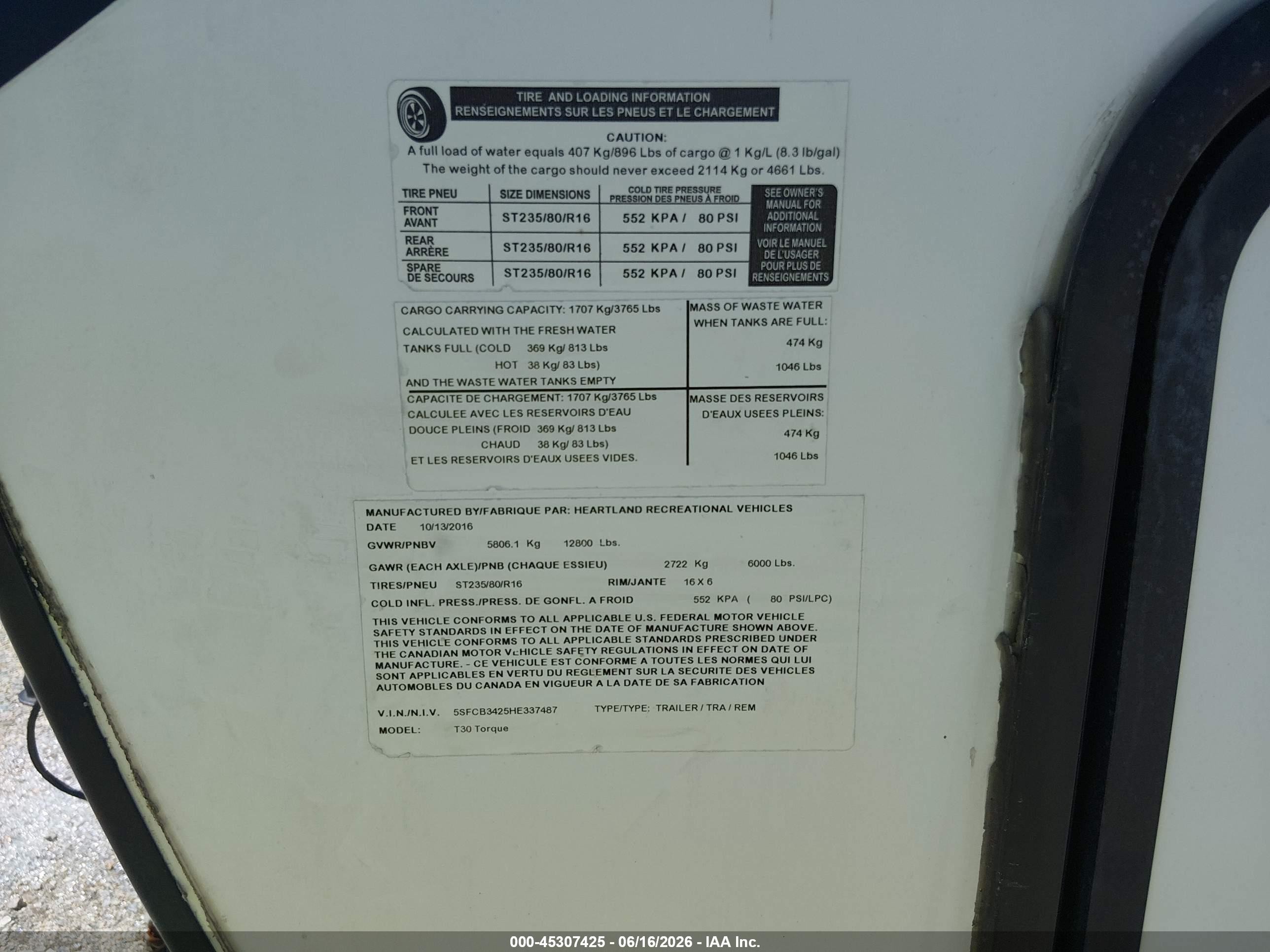 2017 Heartland Rv Torque VIN 5SFCB3425HE337487 IAAI salvage auction — Unknown, Salvage (West Virginia), sold $4,150 on 2026-09-19 (photo 9)