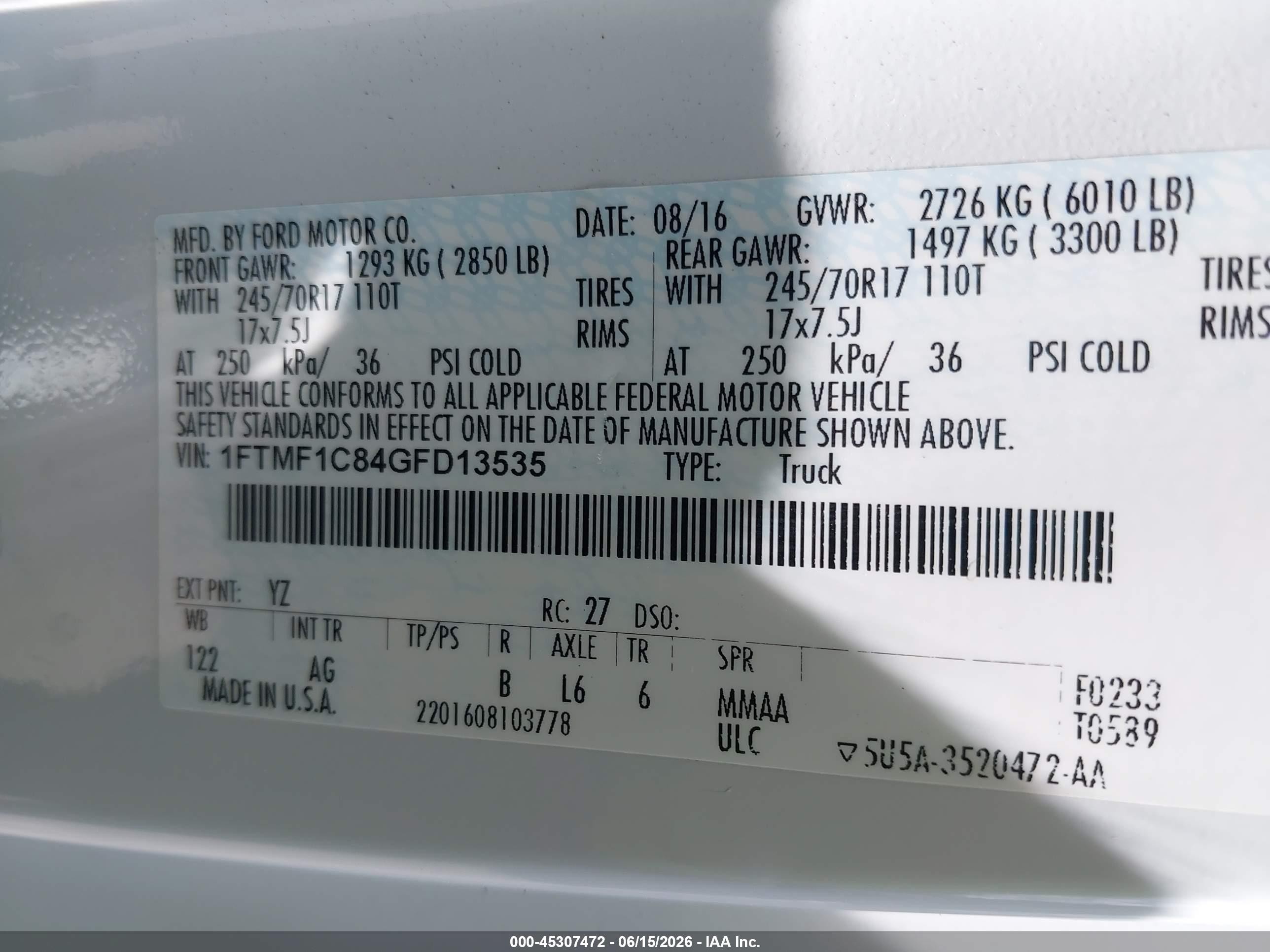 2016 Ford F-150 VIN 1FTMF1C84GFD13535 IAAI salvage auction — Front End, Salvage - Greater Than 75% (Maryland), sold $4,050 on 2026-07-11 (photo 9)