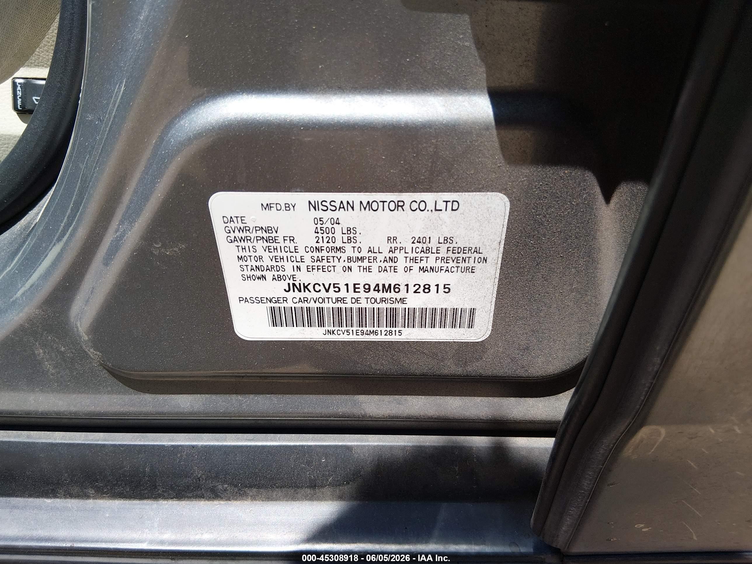 2004 Infiniti G35 VIN JNKCV51E94M612815 IAAI salvage auction — Front End, Salvage (Arizona), sold $225 on 2026-07-02 (photo 9)