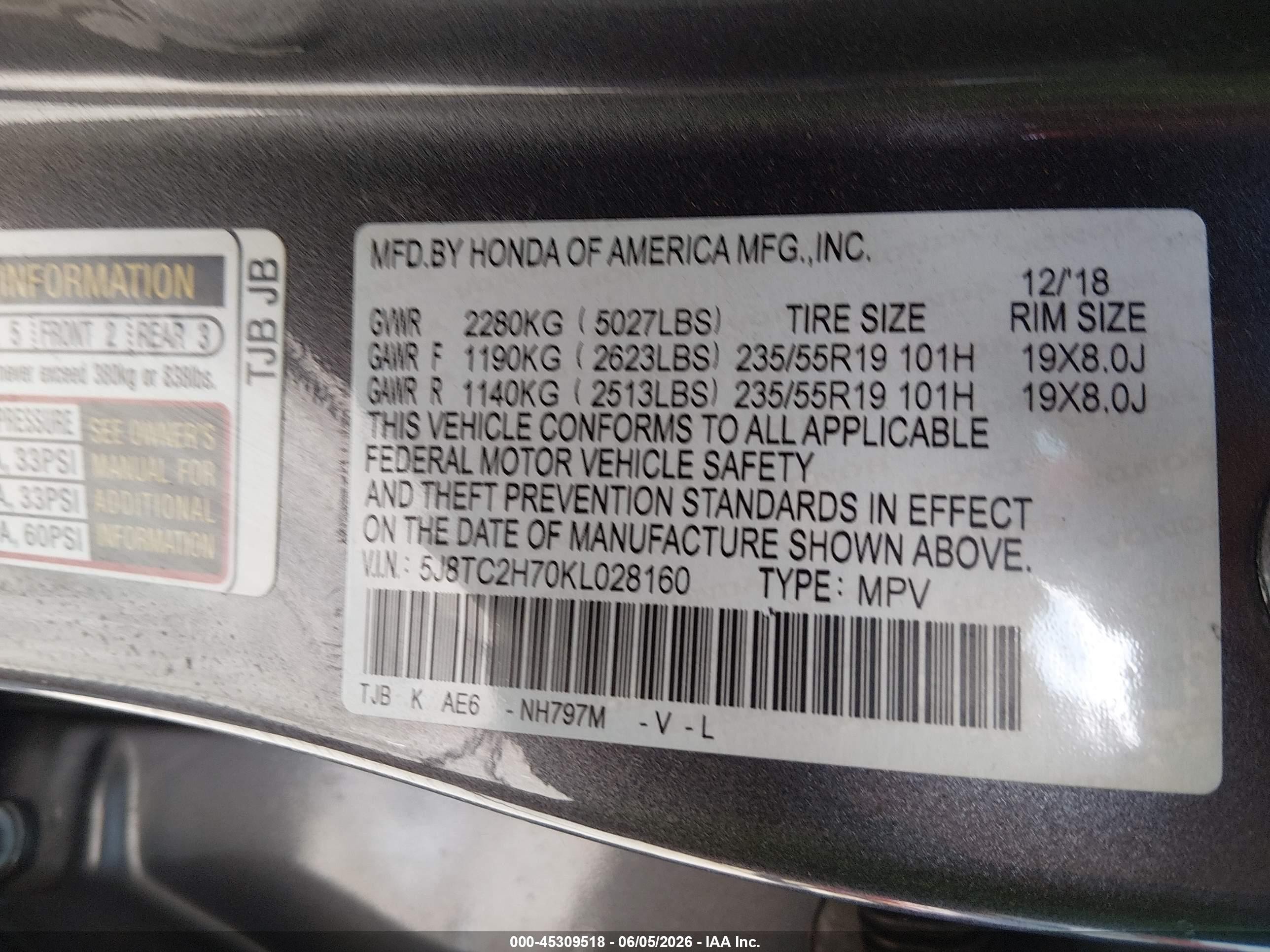 2019 Acura RDX VIN 5J8TC2H70KL028160 IAAI salvage auction — Rear End, Salvage - Greater Than 75% (Maryland), sold $5,200 on 2026-07-09 (photo 9)
