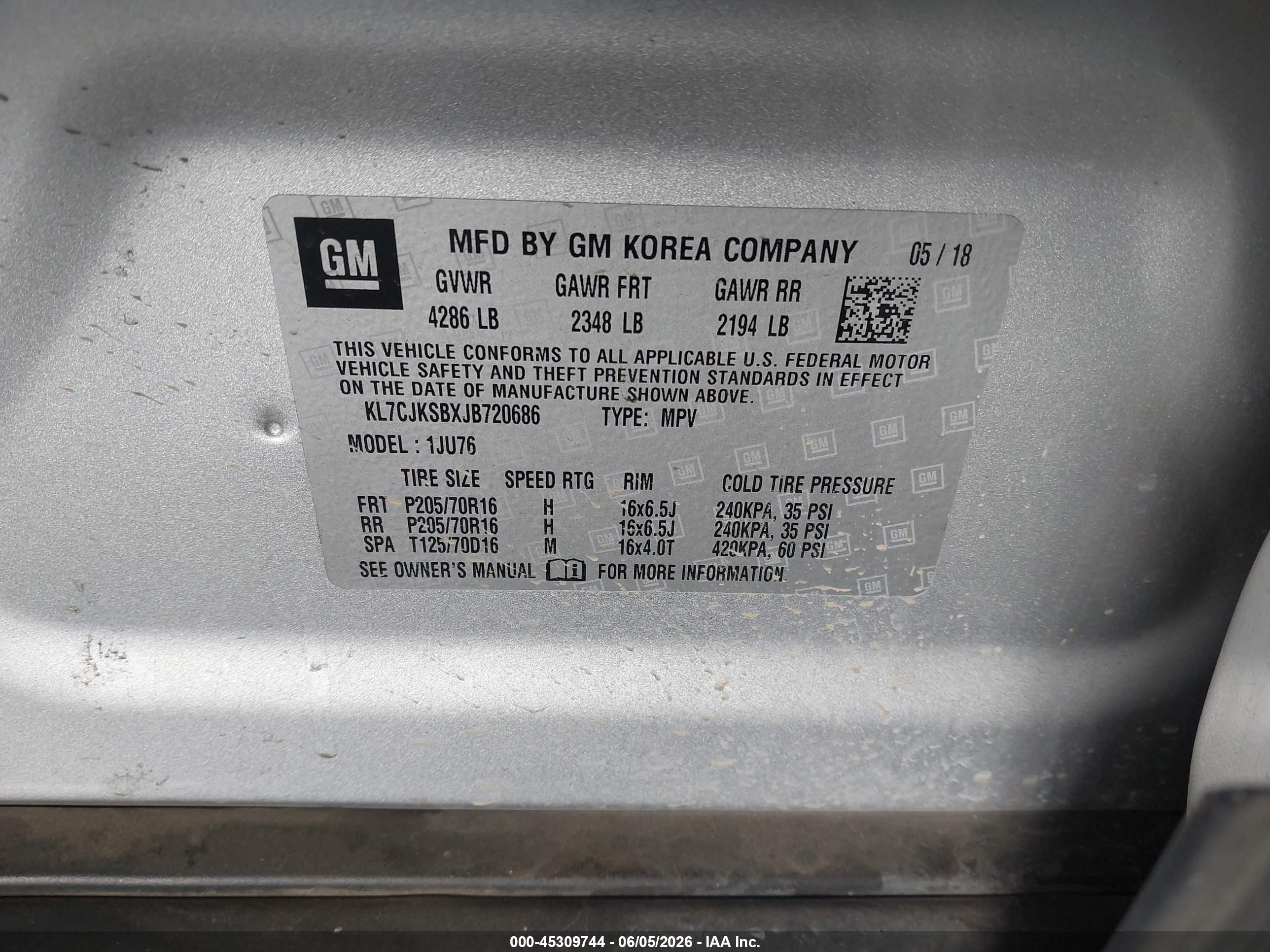 2018 Chevrolet Trax VIN KL7CJKSBXJB720686 IAAI salvage auction — Unknown, Salvage (California), sold $1,350 on 2026-07-09 (photo 9)