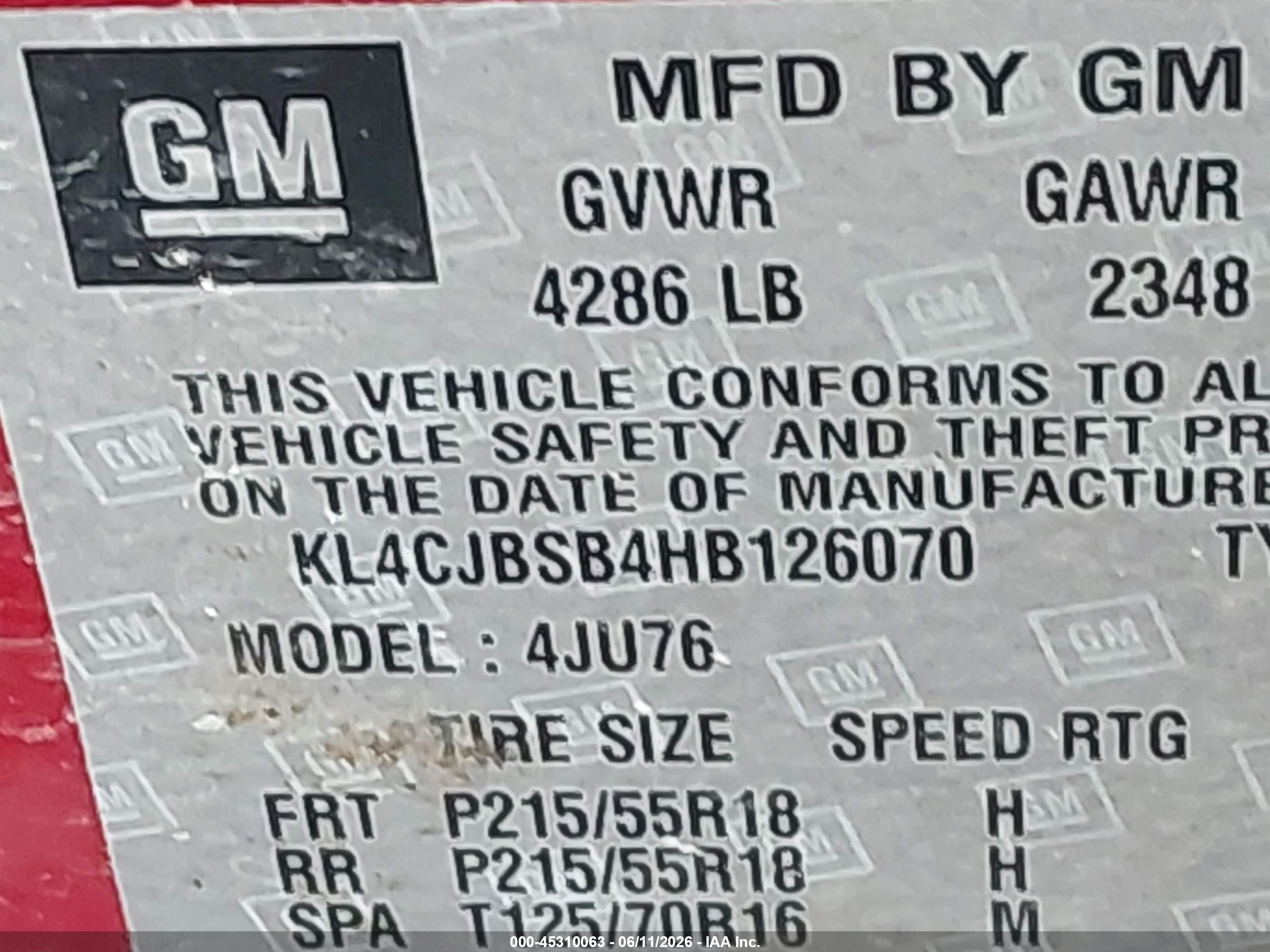 2017 Buick Encore VIN KL4CJBSB4HB126070 IAAI salvage auction — Unknown, Original (Texas), sold $975 on 2026-09-08 (photo 9)