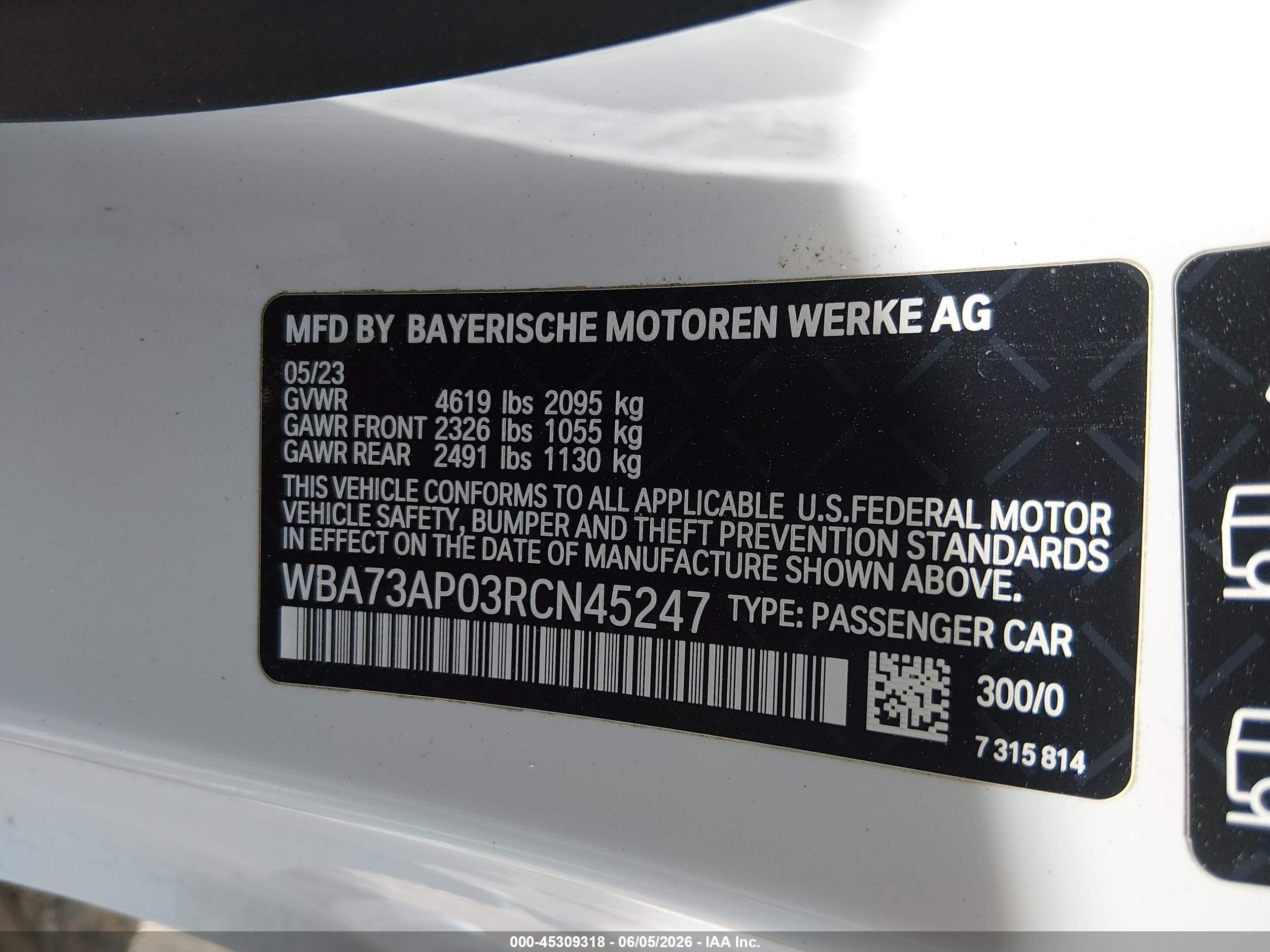 2024 BMW 4er VIN WBA73AP03RCN45247 IAAI salvage auction — Rear End, Salvage (Colorado), sold $15,600 on 2026-09-10 (photo 9)