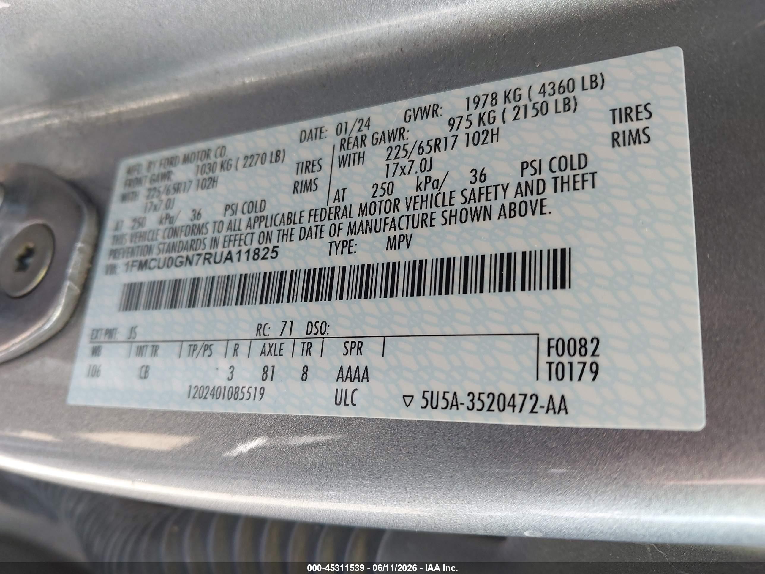 2024 Ford Escape VIN 1FMCU0GN7RUA11825 IAAI salvage auction — Unknown, Salvage (Arizona), sold $5,175 on 2026-07-09 (photo 9)