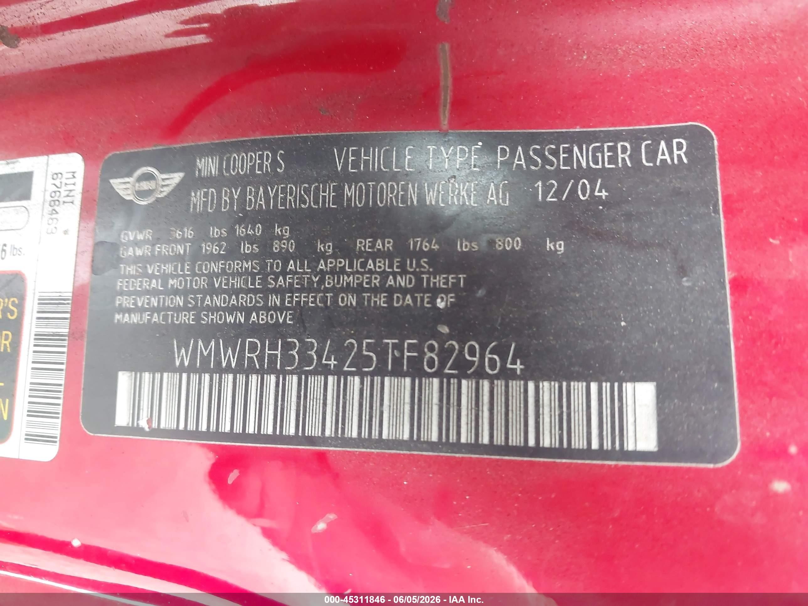 2005 Mini Cooper VIN WMWRH33425TF82964 IAAI salvage auction — Normal Wear, Clear - Dealer Only (California), sold $225 on 2026-07-02 (photo 9)