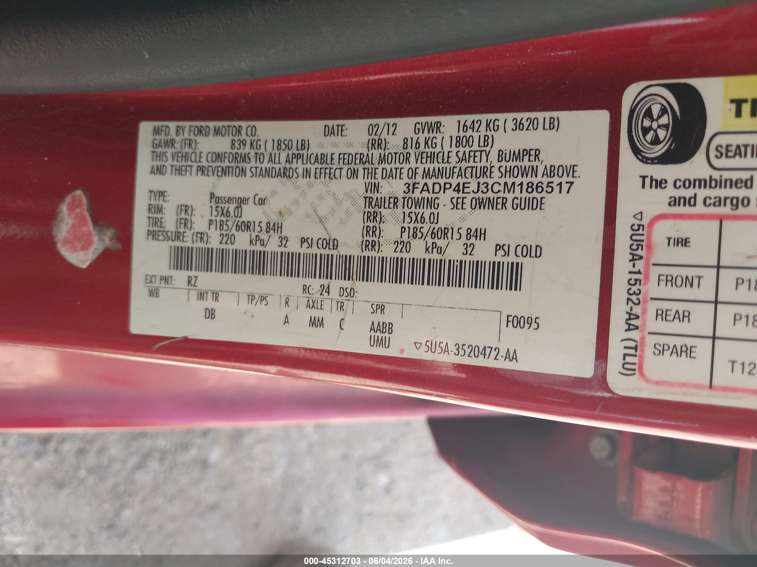 2012 Ford Fiesta VIN 3FADP4EJ3CM186517 IAAI salvage auction — Normal Wear, Clear (Arizona), sold $425 on 2026-07-02 (photo 9)