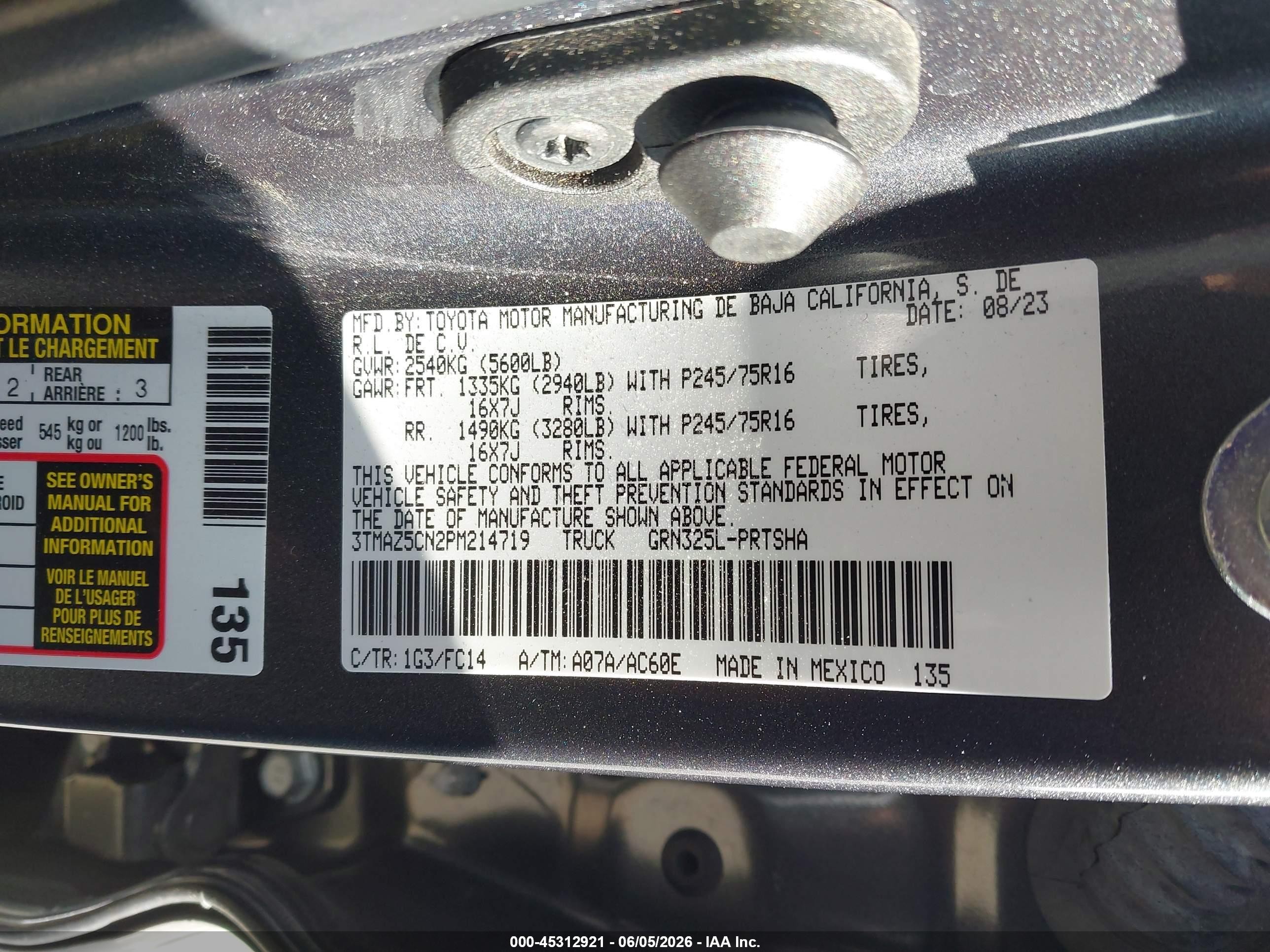 2023 Toyota Tacoma VIN 3TMAZ5CN2PM214719 IAAI salvage auction — Unknown, Salvage (California), sold $6,100 on 2026-07-09 (photo 9)