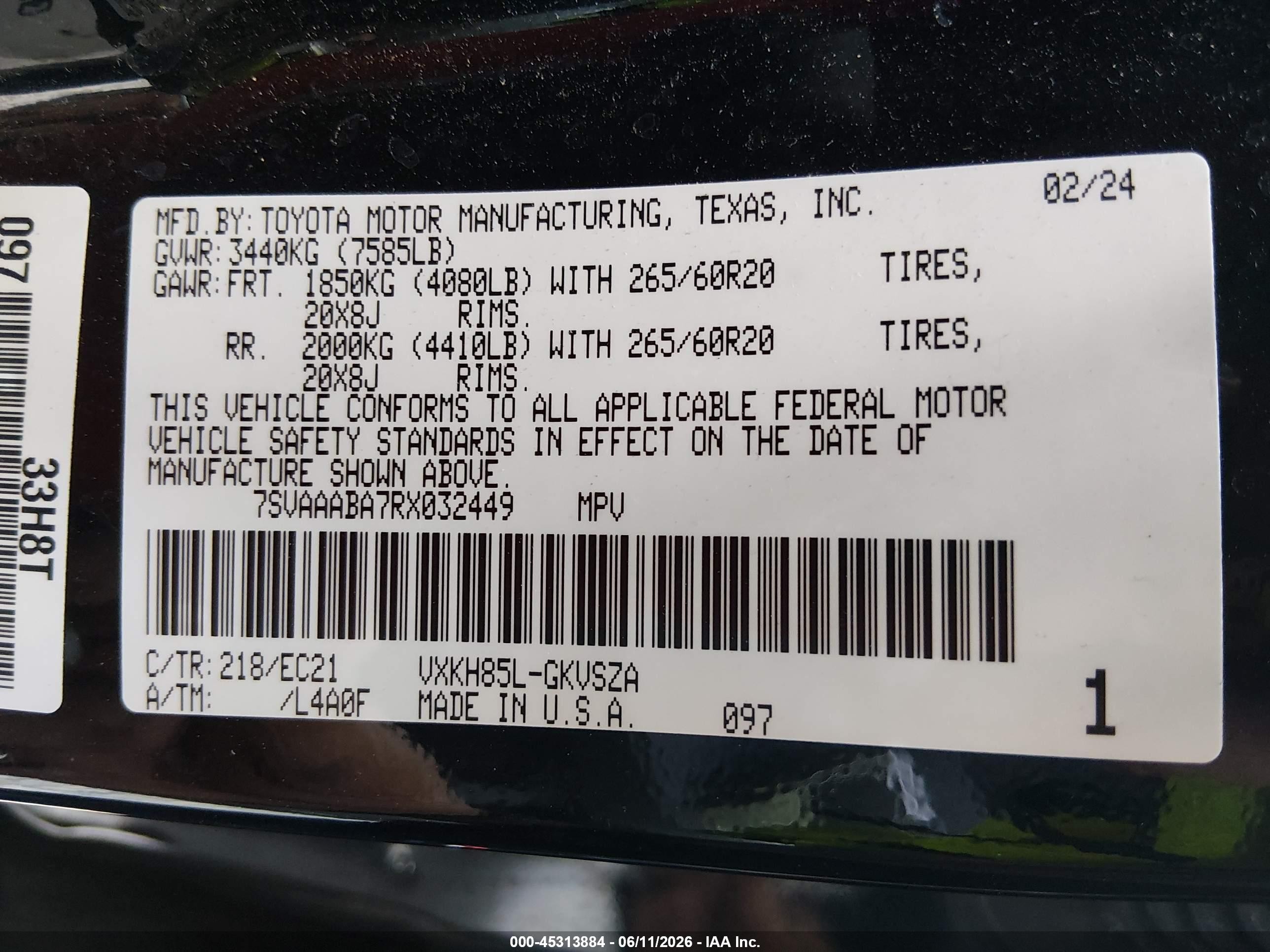 2024 Toyota Sequoia VIN 7SVAAABA7RX032449 IAAI salvage auction — Front End, Salvage (West Virginia), sold $26,975 on 2026-08-05 (photo 9)