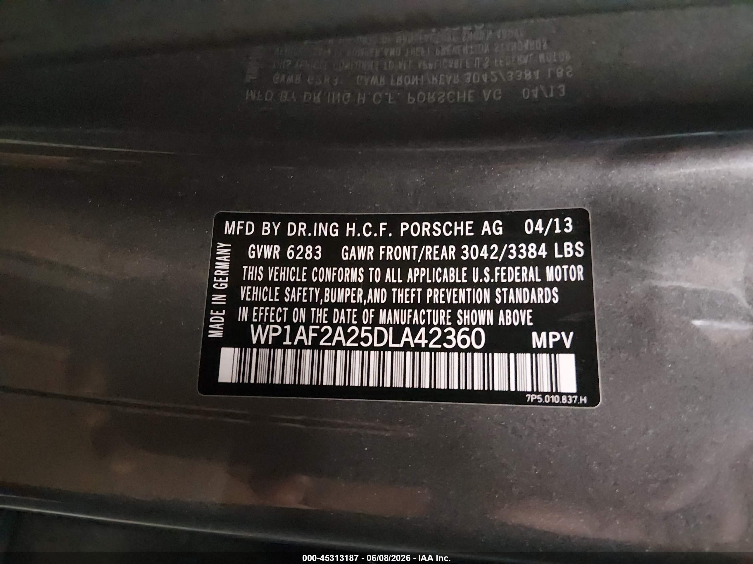 2013 Porsche Cayenne VIN WP1AF2A25DLA42360 IAAI salvage auction — Unknown, Salvage (Ohio), sold $2,650 on 2026-09-25 (photo 9)
