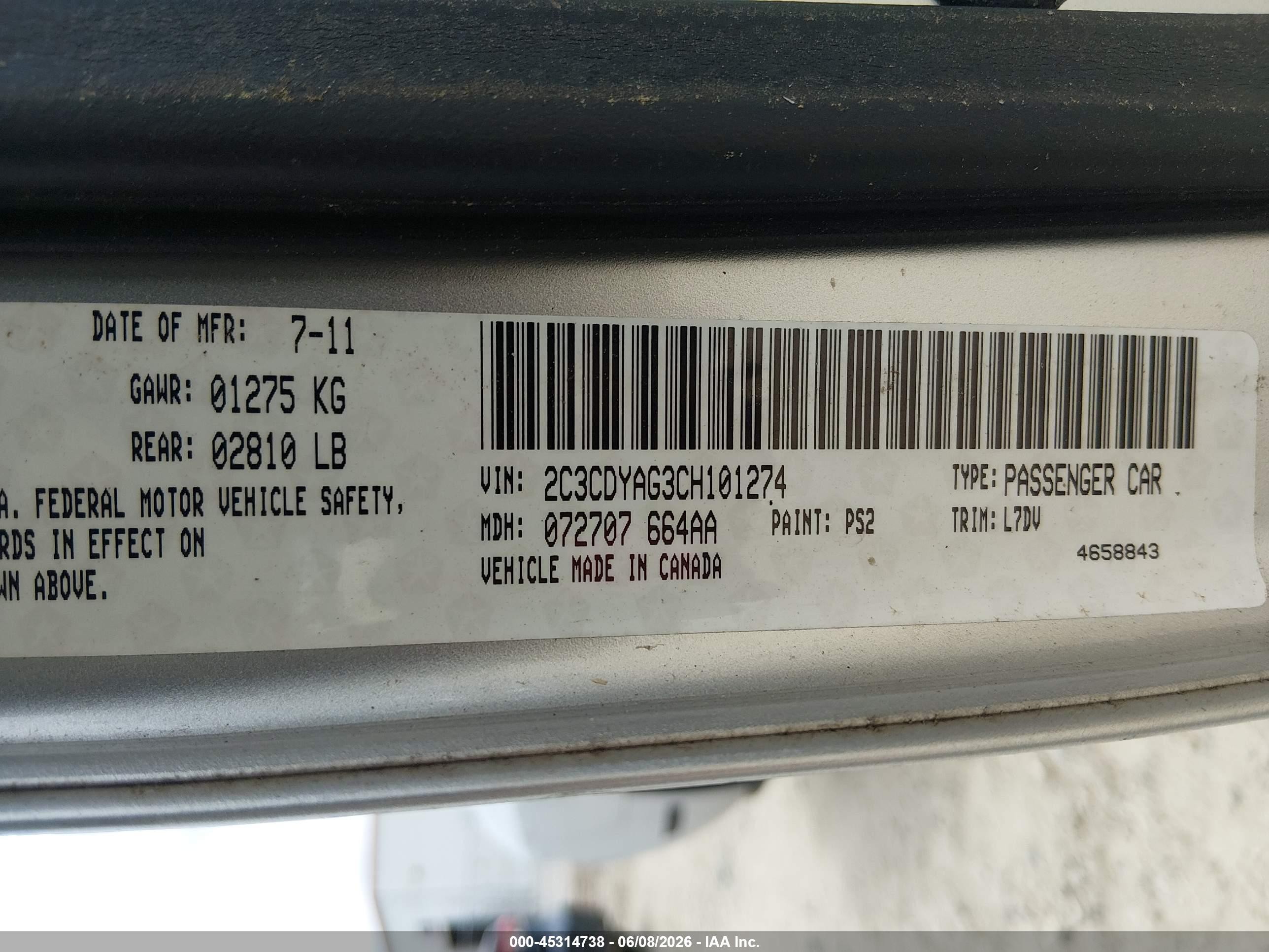 2012 Dodge Challenger VIN 2C3CDYAG3CH101274 IAAI salvage auction — Front End, Salvage (Georgia), sold $1,500 on 2026-07-11 (photo 9)