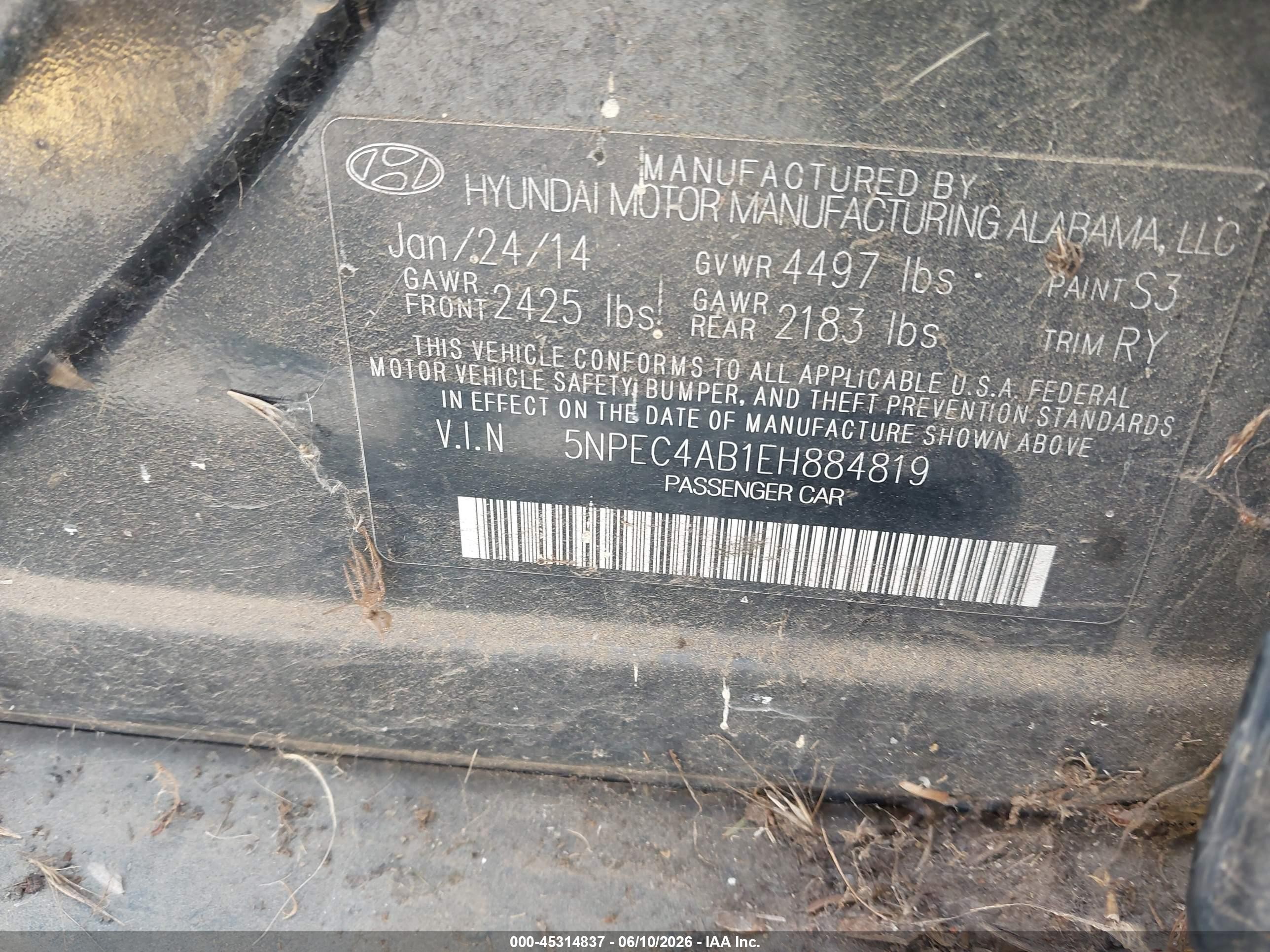 2014 Hyundai Sonata VIN 5NPEC4AB1EH884819 IAAI salvage auction — Normal Wear, Clear - Dealer Only (California), sold $325 on 2026-07-02 (photo 9)