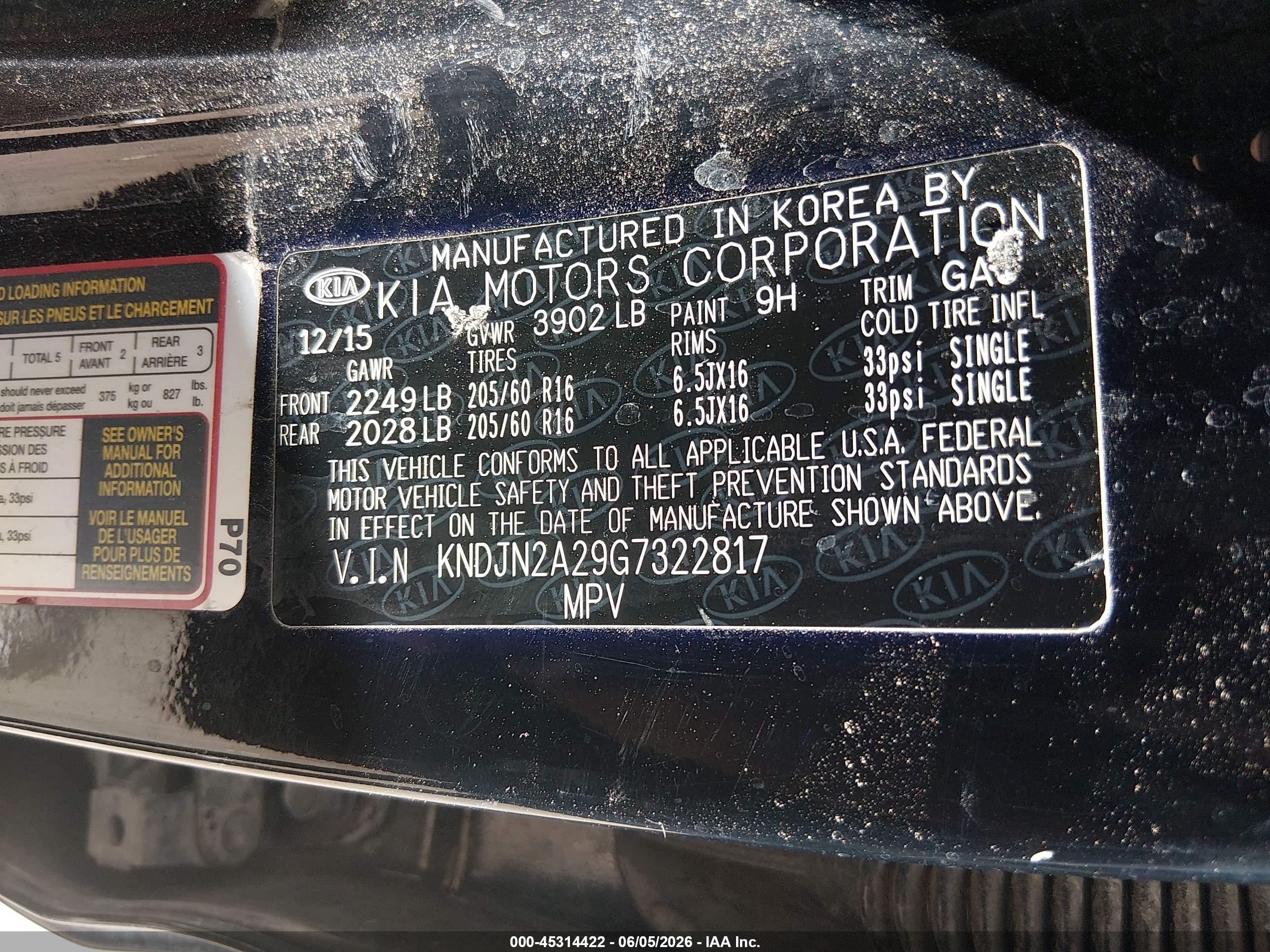 2016 Kia Soul VIN KNDJN2A29G7322817 IAAI salvage auction — Front End, Salvage (Arizona), sold $1,000 on 2026-07-09 (photo 9)