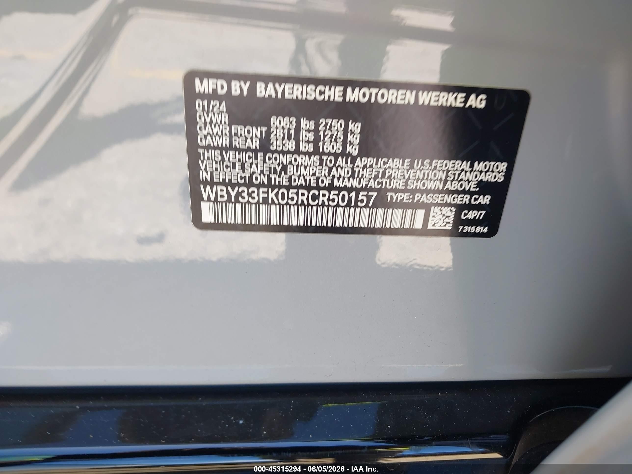2024 BMW i5 VIN WBY33FK05RCR50157 IAAI salvage auction — Front End, Rebuildable (Florida), sold $27,750 on 2026-08-14 (photo 9)