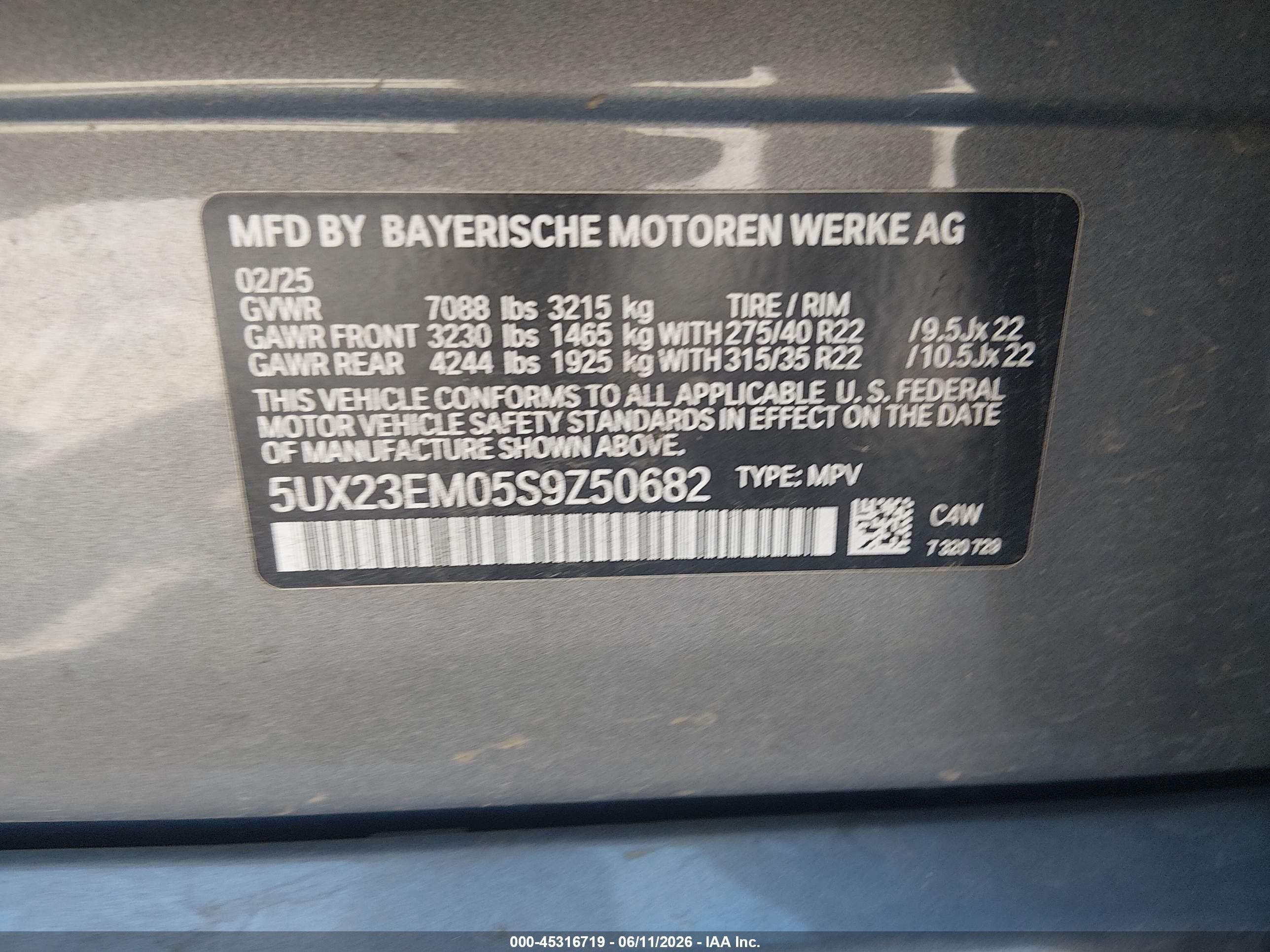 2025 BMW X7 VIN 5UX23EM05S9Z50682 IAAI salvage auction — Front End, Salvage (Mississippi), sold $43,750 on 2026-07-08 (photo 9)