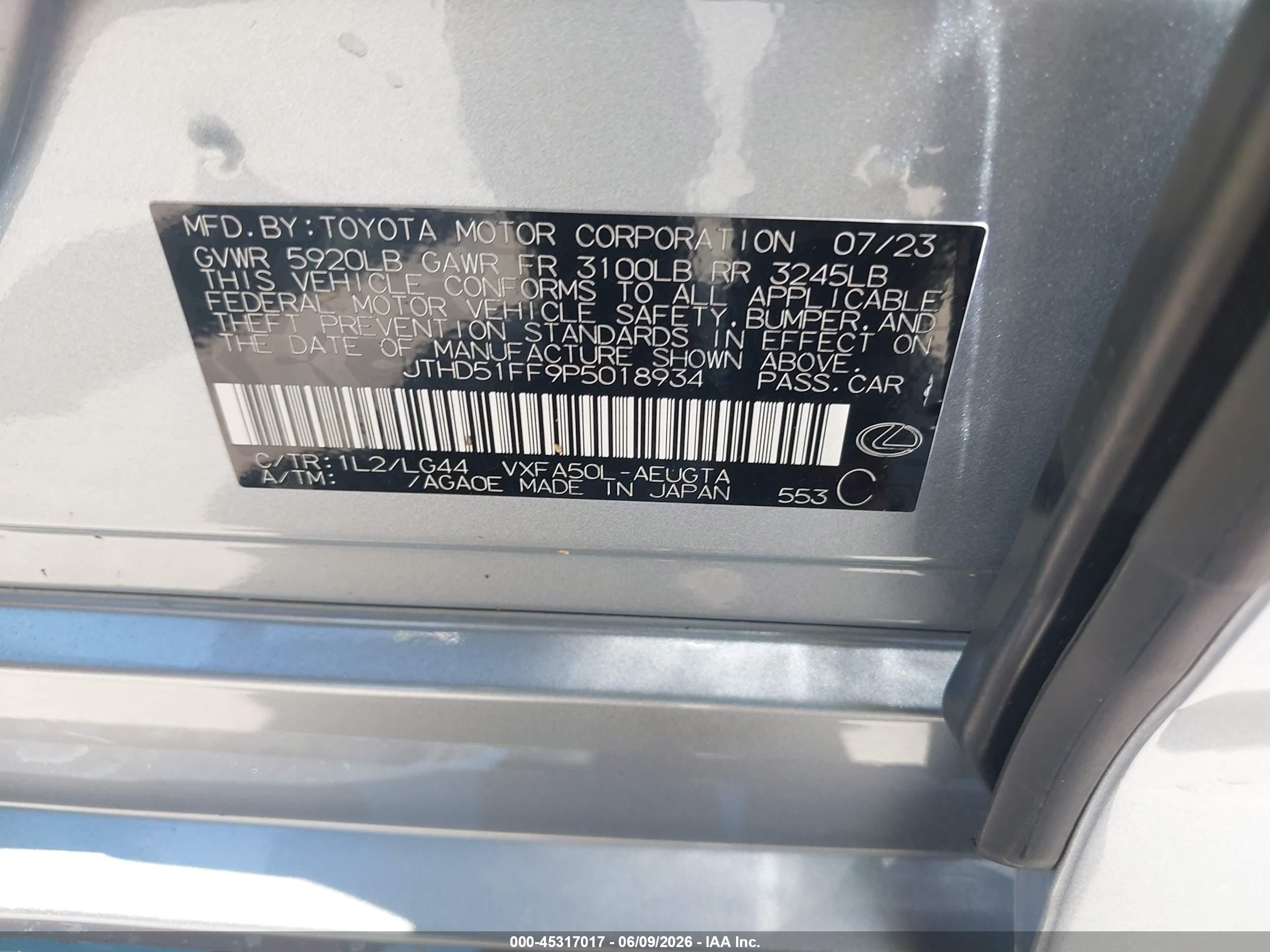 2023 Lexus Ls VIN JTHD51FF9P5018934 IAAI salvage auction — Water/Flood, Salvage (Texas), sold $26,750 on 2026-08-03 (photo 9)
