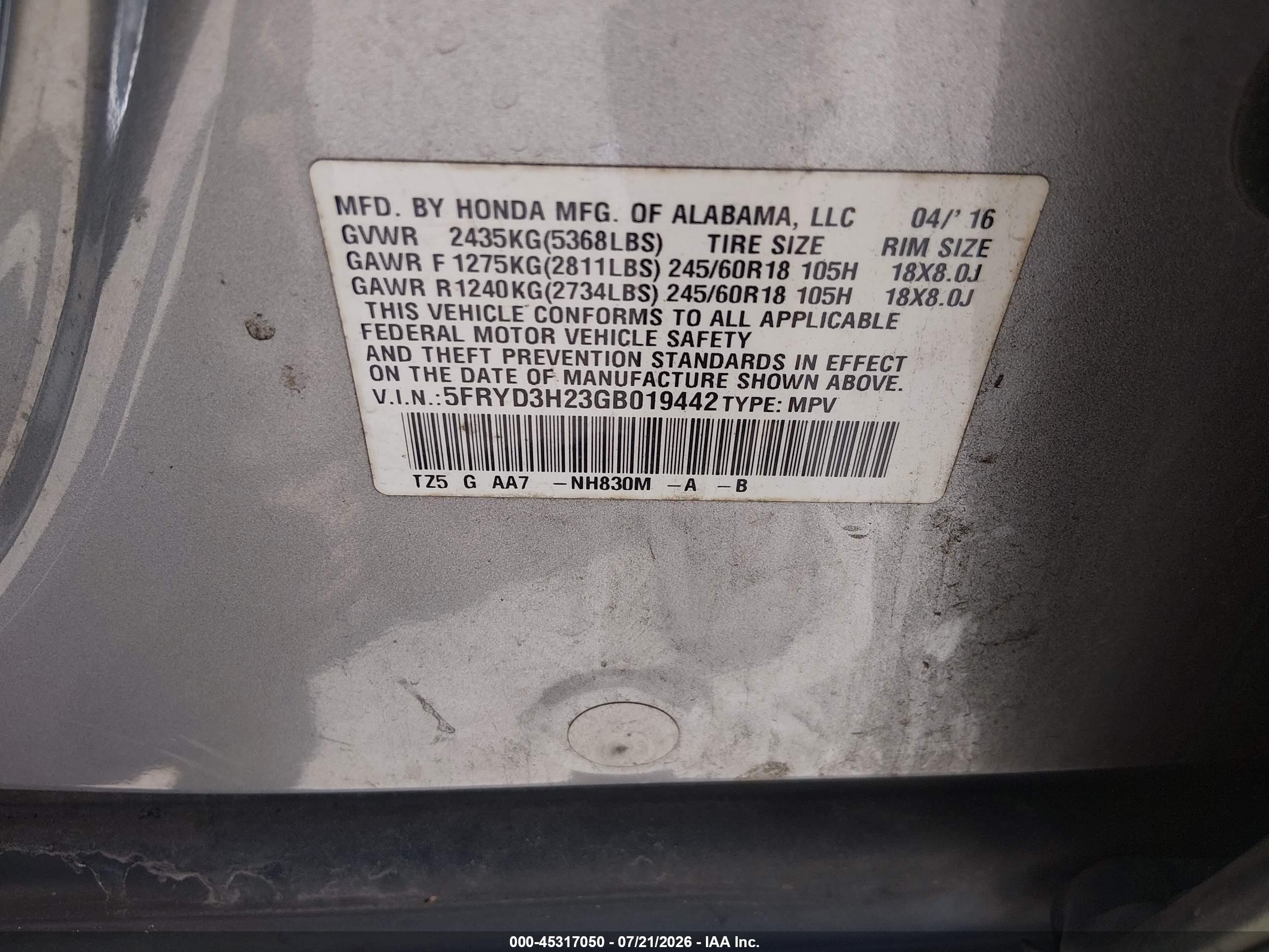 2016 Acura Mdx VIN 5FRYD3H23GB019442 IAAI salvage auction — Unknown, Salvage (Texas), sold $2,200 on 2026-09-11 (photo 9)