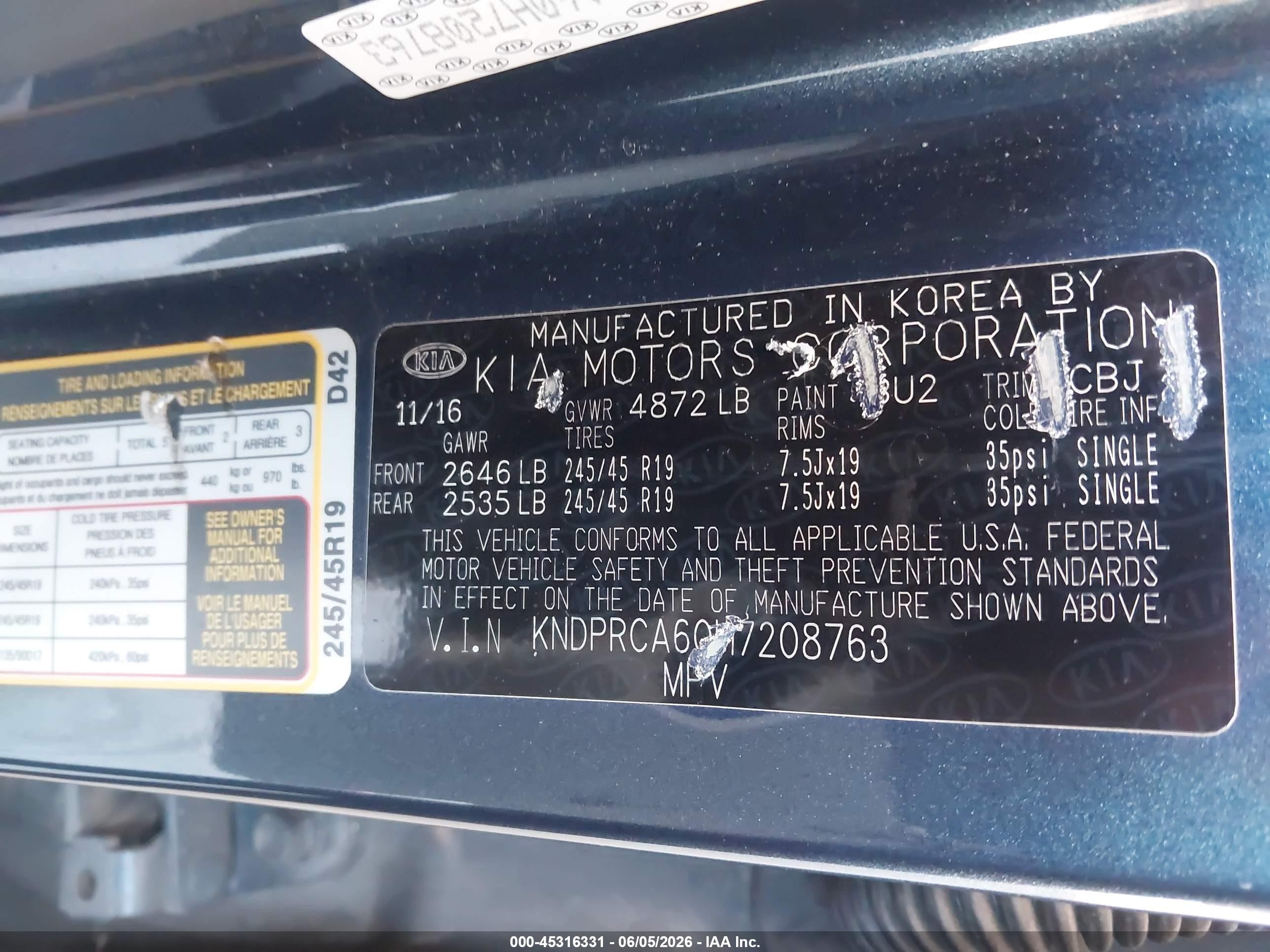 2017 Kia Sportage VIN KNDPRCA60H7208763 IAAI salvage auction — Front End, Salvage (California), sold $225 on 2026-07-09 (photo 9)