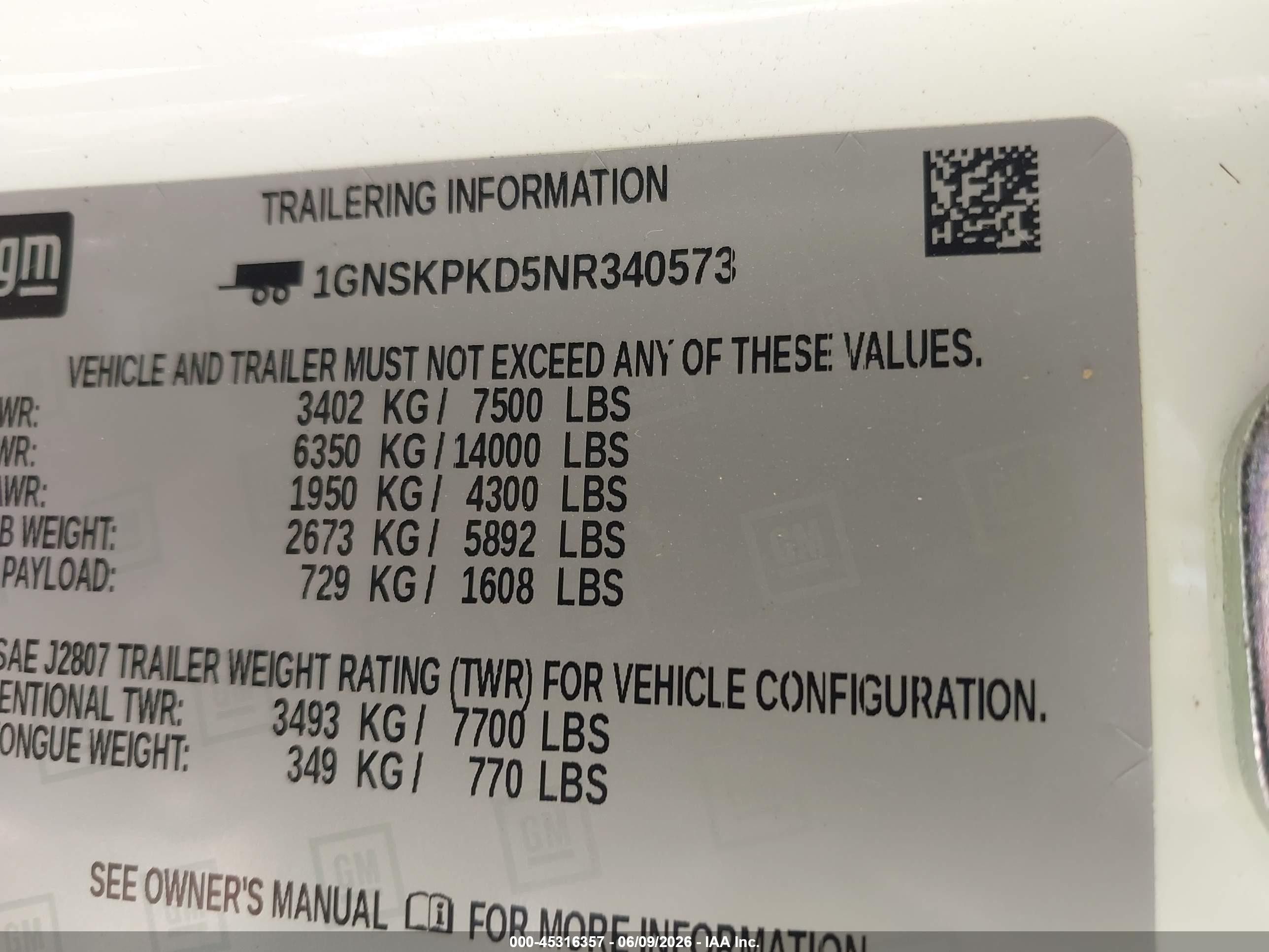 2022 Chevrolet Tahoe VIN 1GNSKPKD5NR340573 IAAI salvage auction — Front End, Salvage (Texas), sold $19,500 on 2026-08-20 (photo 9)