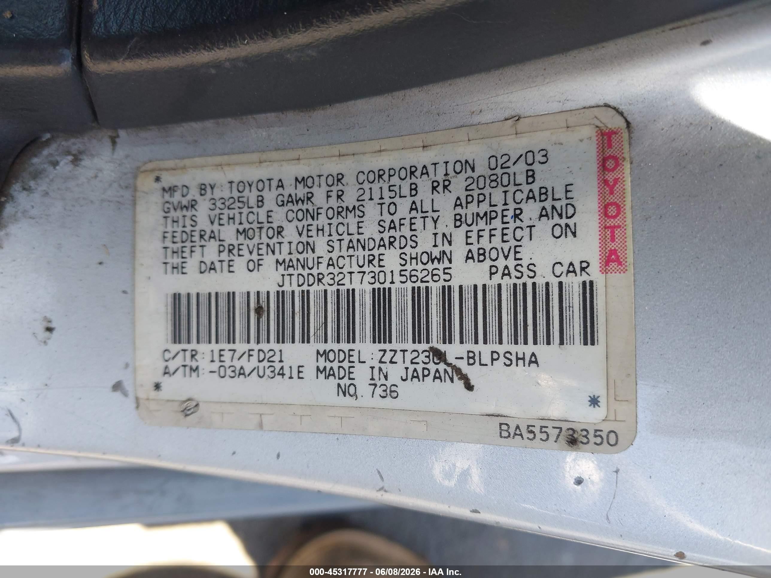 2003 Toyota Celica VIN JTDDR32T730156265 IAAI salvage auction — Front End, Salvage (California), sold $300 on 2026-07-09 (photo 9)