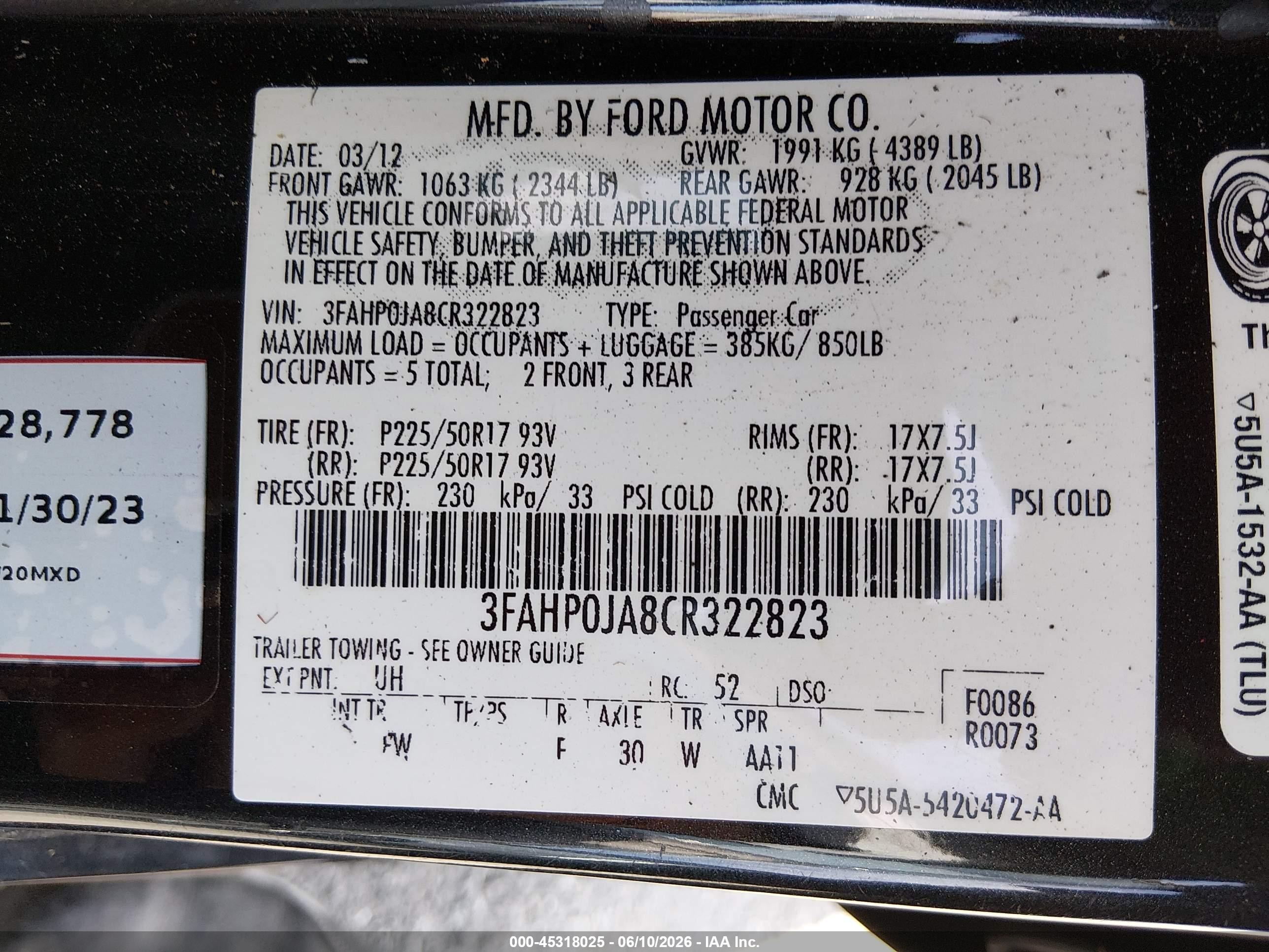 2012 Ford Fusion VIN 3FAHP0JA8CR322823 IAAI salvage auction — Rear End, Salvage (California), sold $225 on 2026-07-02 (photo 9)