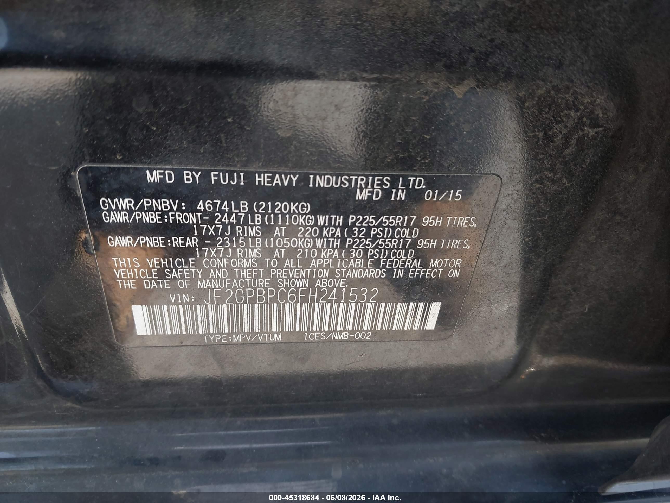 2015 Subaru XV Crosstrek VIN JF2GPBPC6FH241532 IAAI salvage auction — Side, Salvage (California), sold $1,625 on 2026-07-02 (photo 9)