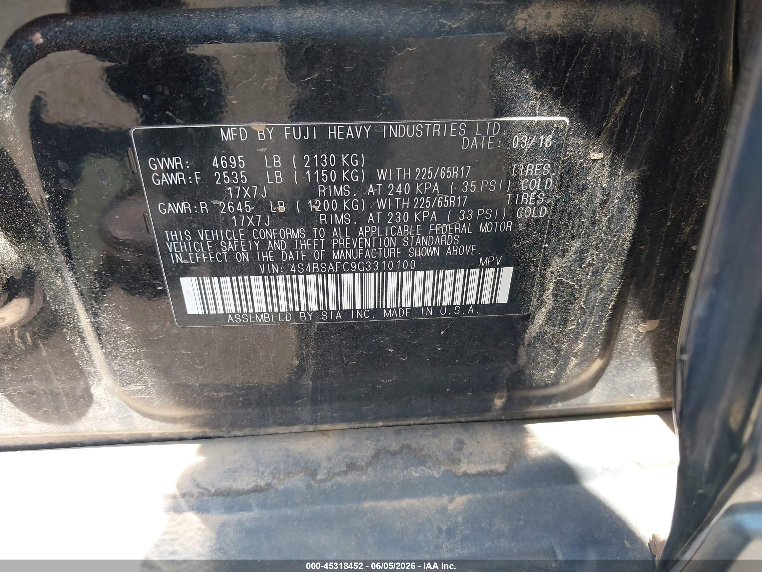 2016 Subaru Outback VIN 4S4BSAFC9G3310100 IAAI salvage auction — Rear End, Salvage Certificate (California), sold $1,750 on 2026-07-10 (photo 9)