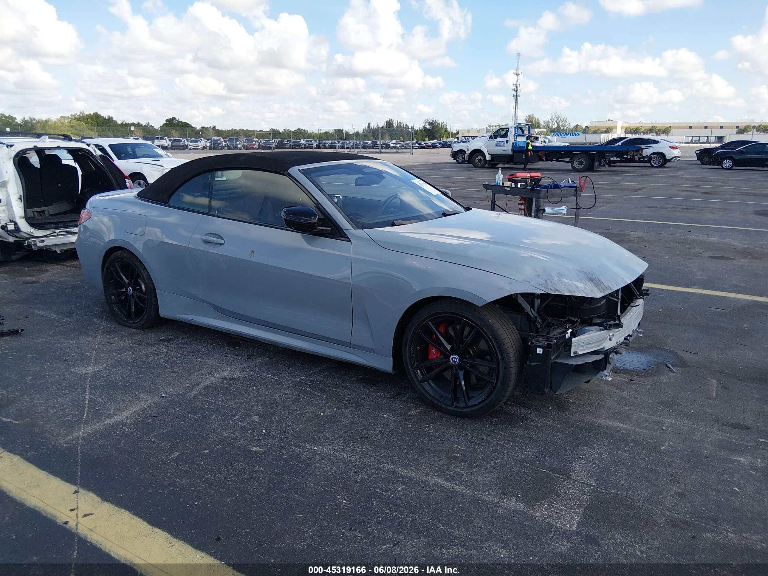 2023 BMW M440i VIN WBA53AT08PCM65467 IAAI salvage auction — Front End, Rebuildable (Florida), sold $19,400 on 2026-08-13 (photo 1)