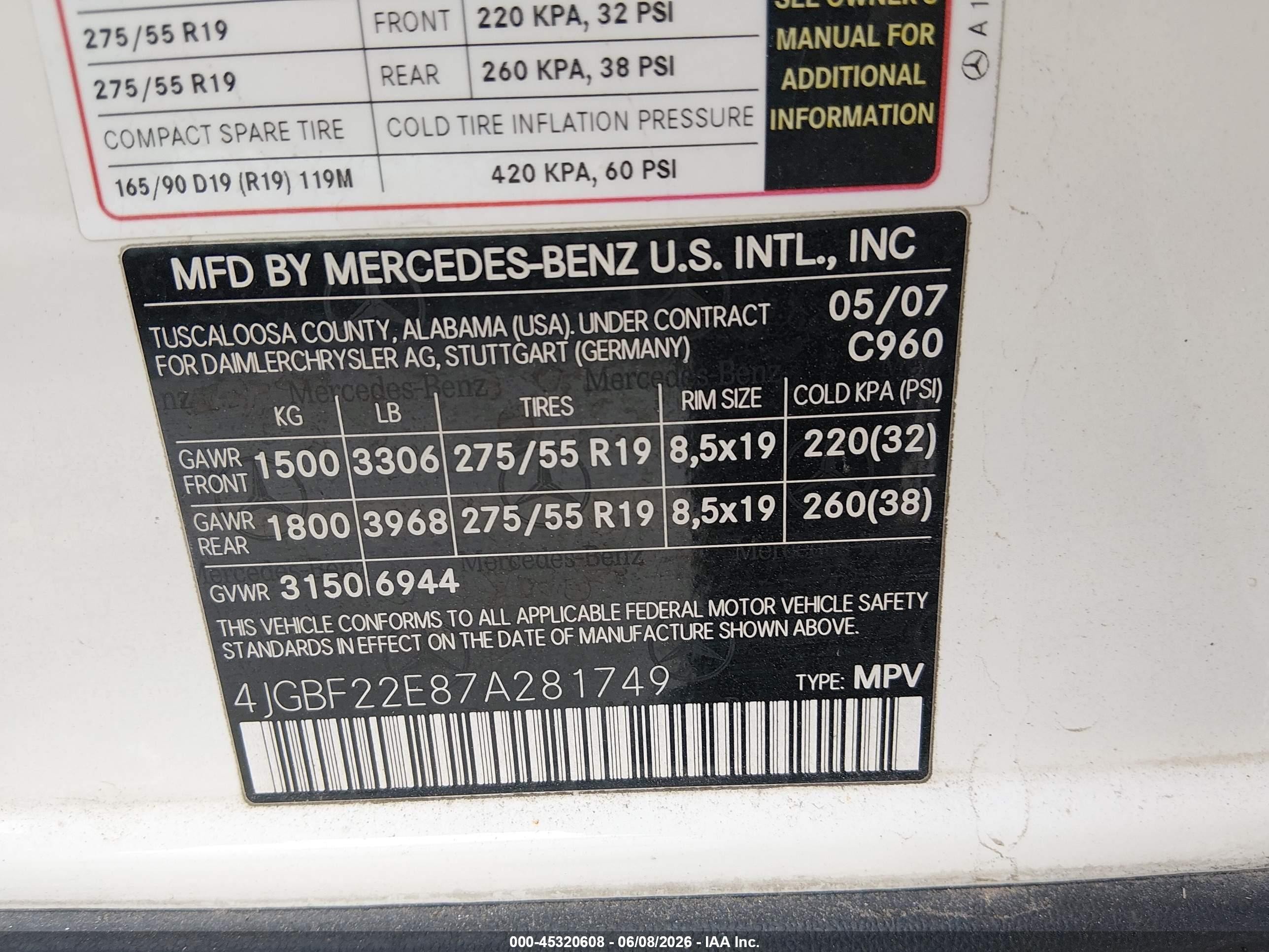 2007 Mercedes-Benz GL-Class VIN 4JGBF22E87A281749 IAAI salvage auction — Side, Salvage (Utah), sold $325 on 2026-07-02 (photo 9)