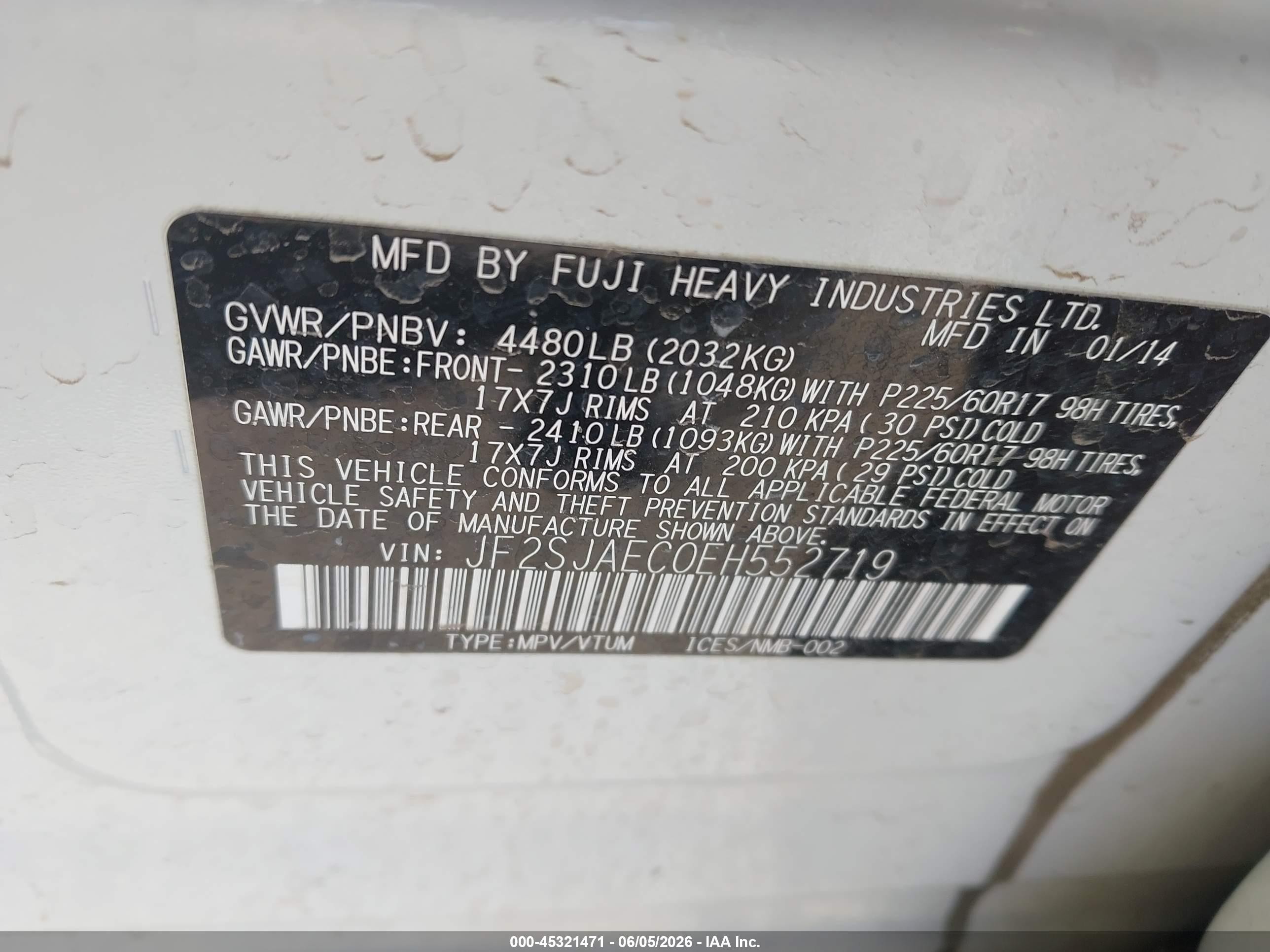 2014 Subaru Forester VIN JF2SJAEC0EH552719 IAAI salvage auction — Side, Salvage (Arizona), sold $300 on 2026-07-09 (photo 9)