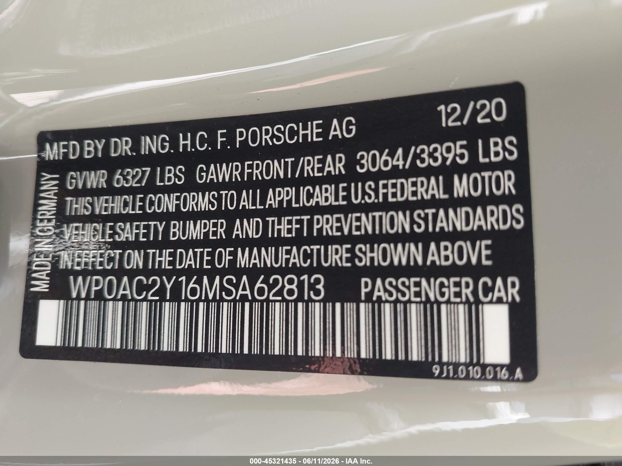 2021 Porsche Taycan VIN WP0AC2Y16MSA62813 IAAI salvage auction — Front End, Salvage (North Carolina), sold $33,400 on 2026-08-17 (photo 9)