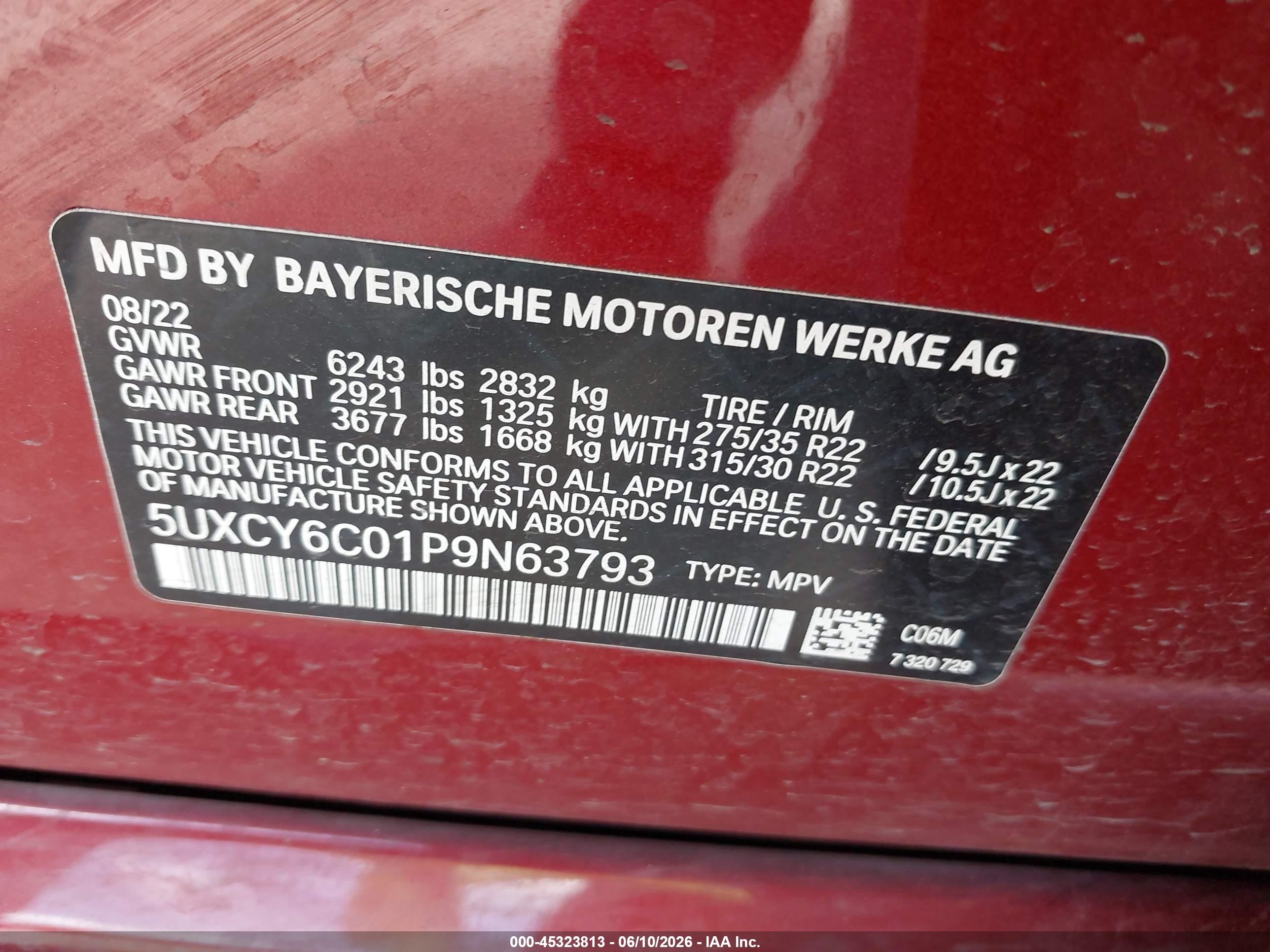 2023 BMW X6 VIN 5UXCY6C01P9N63793 IAAI salvage auction — Front End, Original (Texas), sold $22,000 on 2026-09-13 (photo 9)