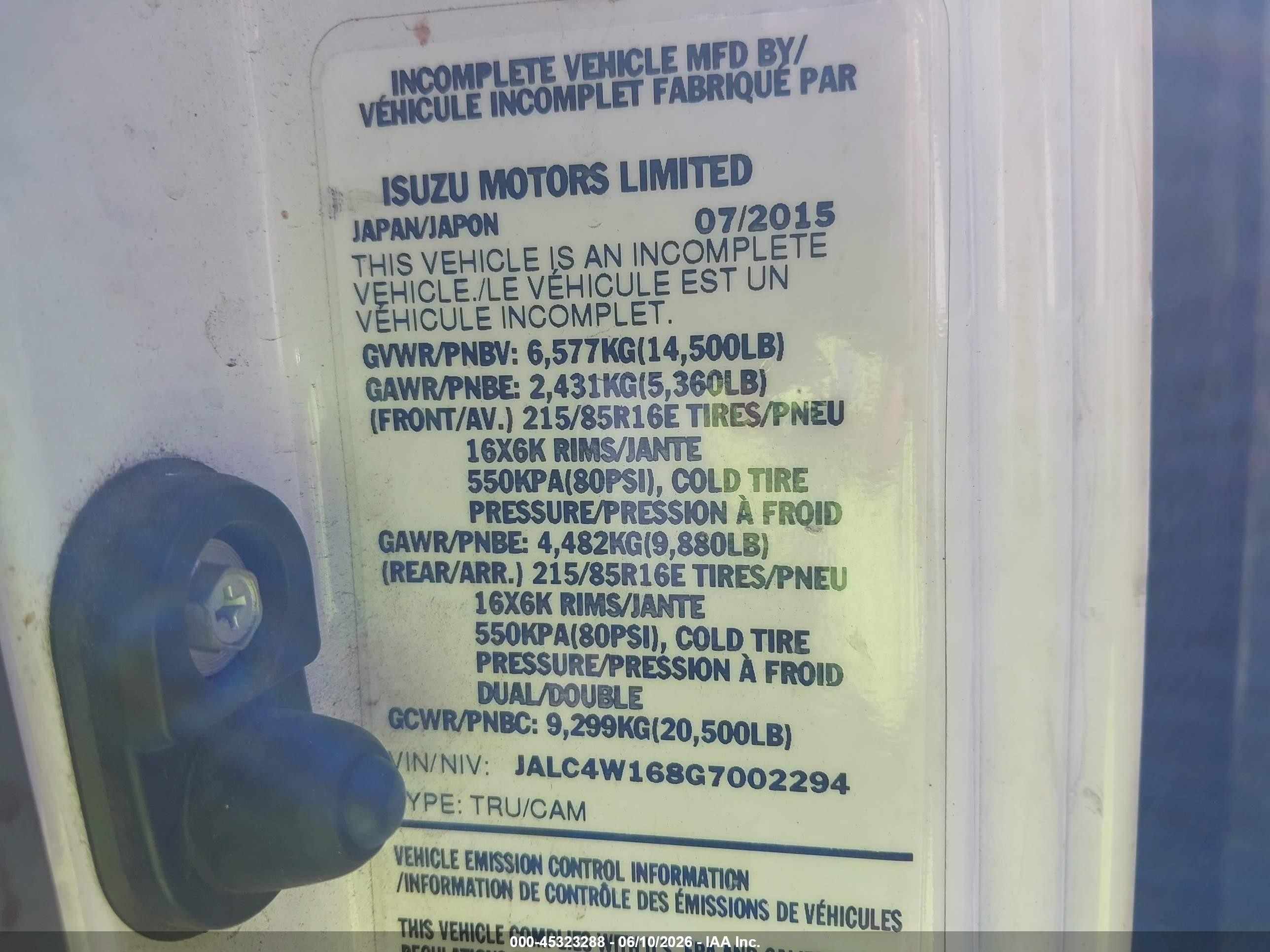 2016 Isuzu Npr VIN JALC4W168G7002294 IAAI salvage auction — Front End, Salvage (California), sold $3,100 on 2026-09-08 (photo 8)