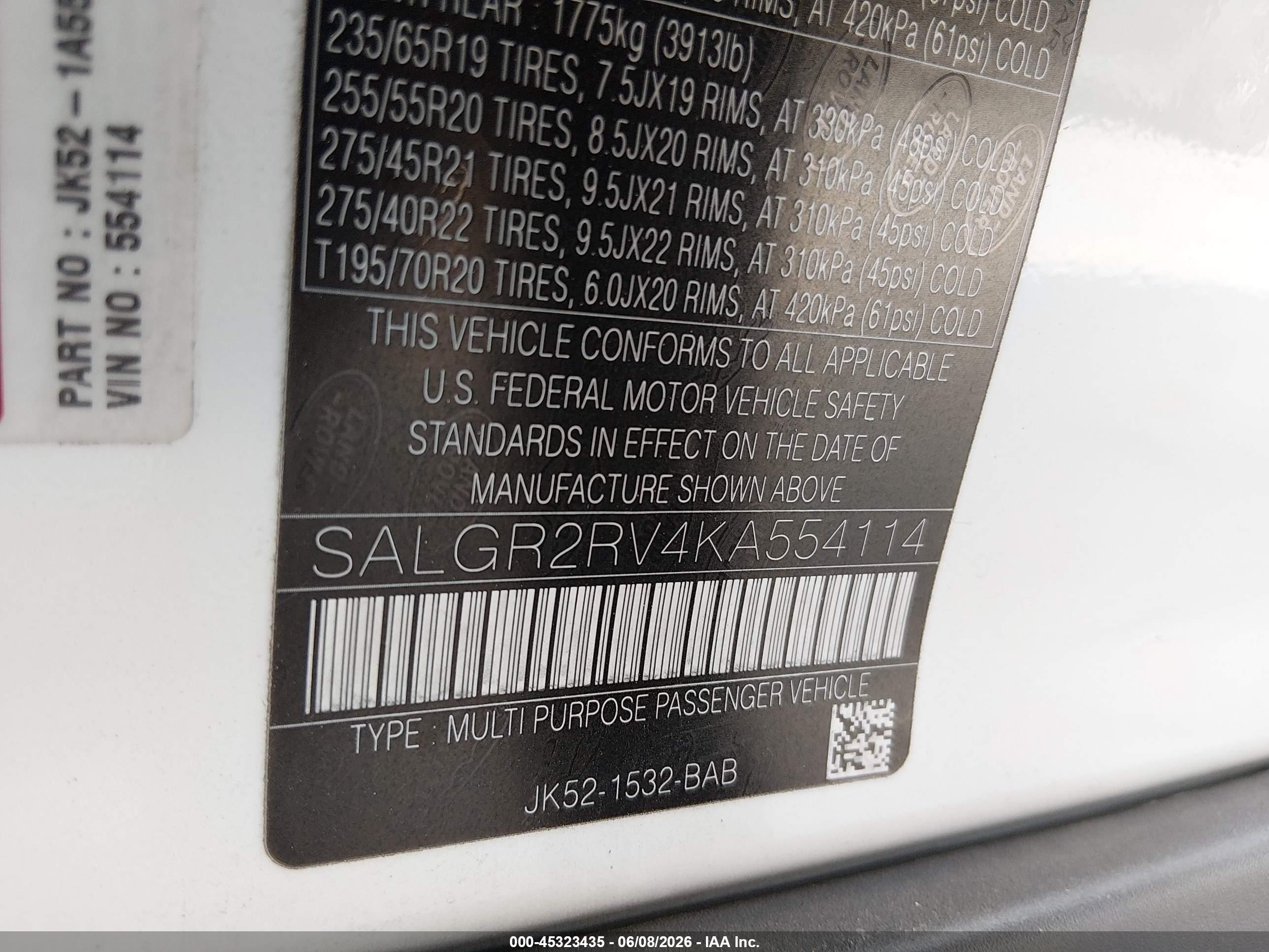 2019 Land Rover Range Rover VIN SALGR2RV4KA554114 IAAI salvage auction — Front End, Salvage (California), sold $10,900 on 2026-09-13 (photo 9)