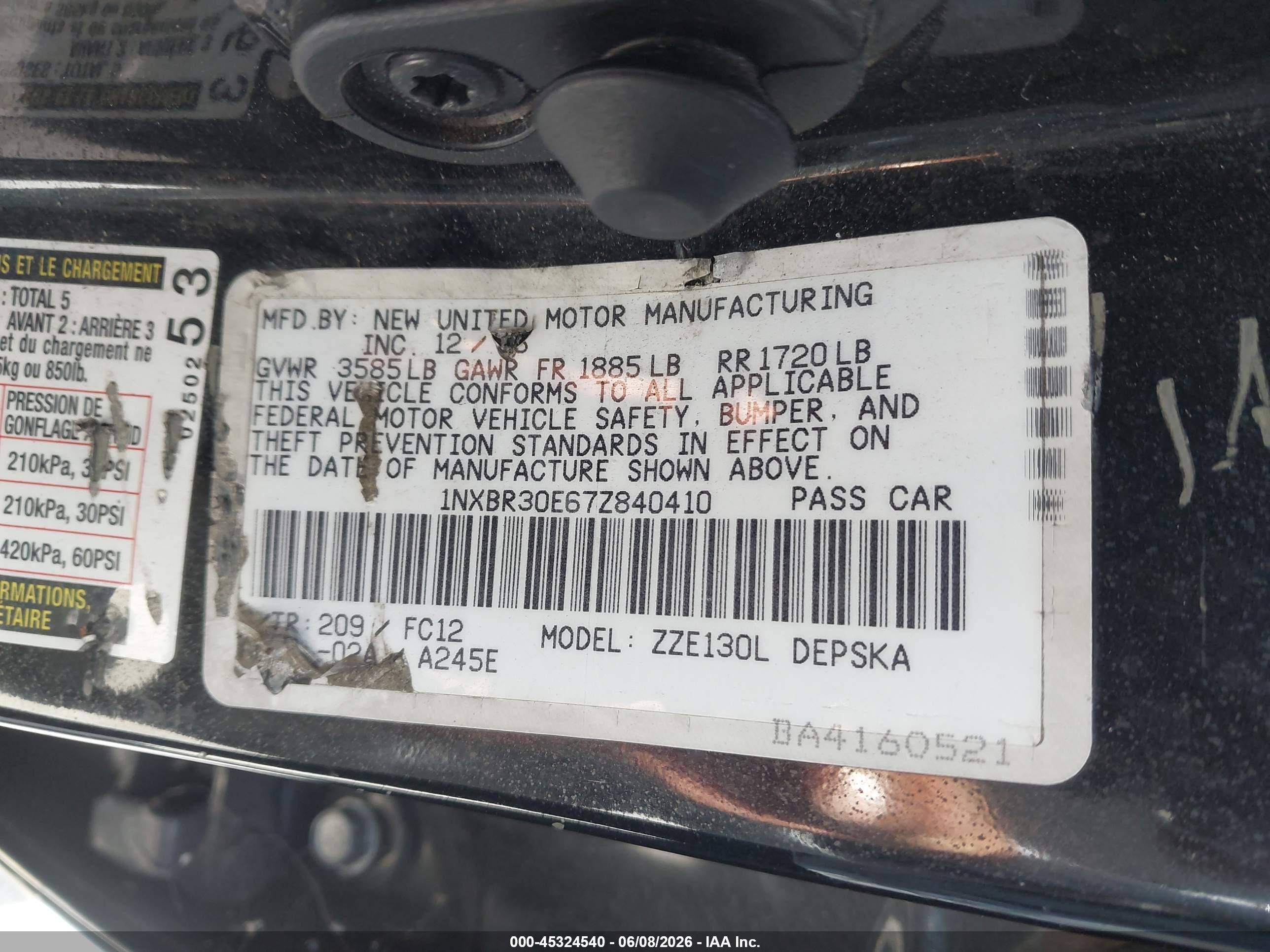 2007 Toyota Corolla VIN 1NXBR30E67Z840410 IAAI salvage auction — Front End, Salvage (California), sold $375 on 2026-07-02 (photo 9)