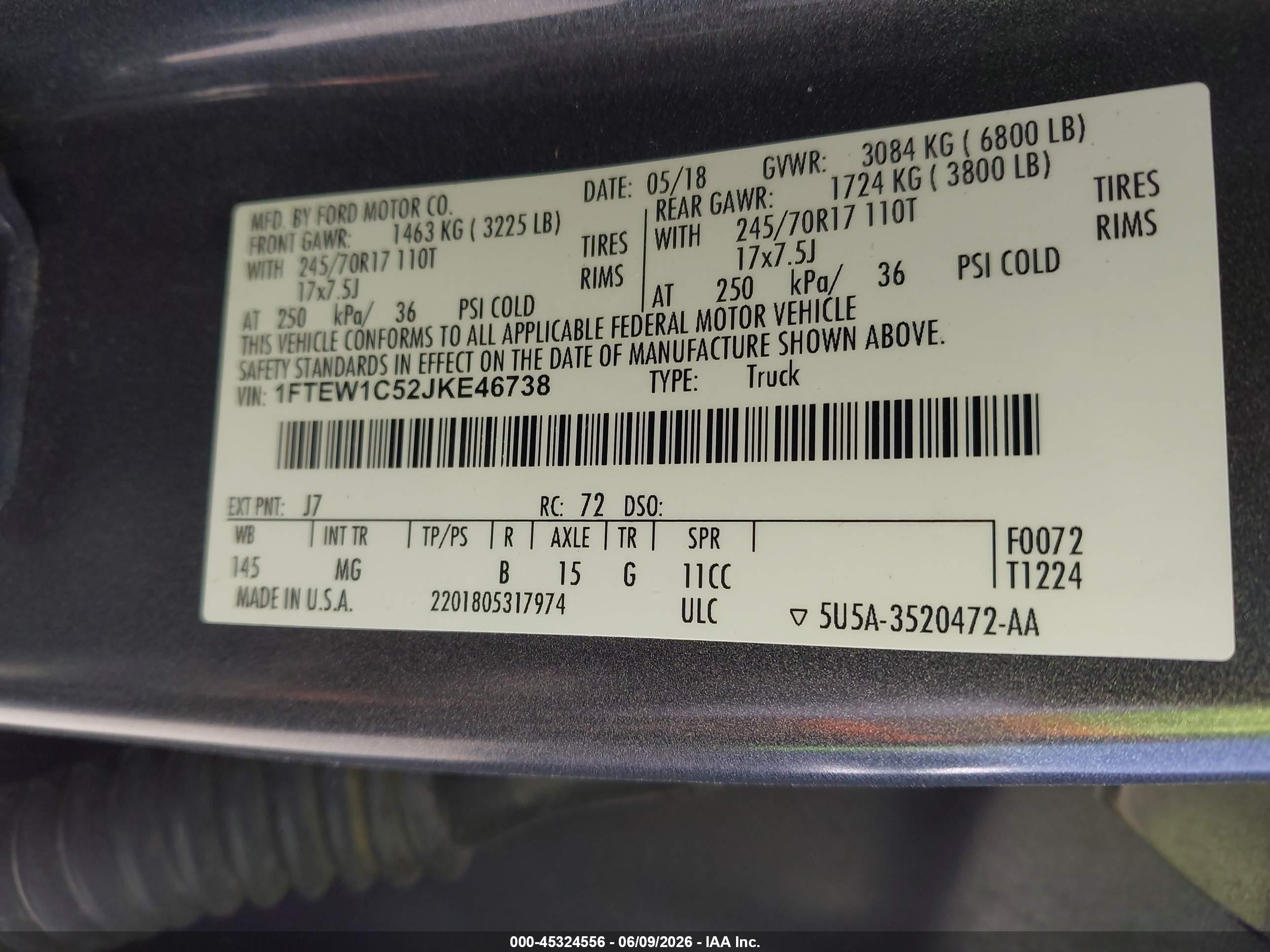 2018 Ford F-150 VIN 1FTEW1C52JKE46738 IAAI salvage auction — Unknown, Salvage (Arizona), sold $7,400 on 2026-07-03 (photo 9)