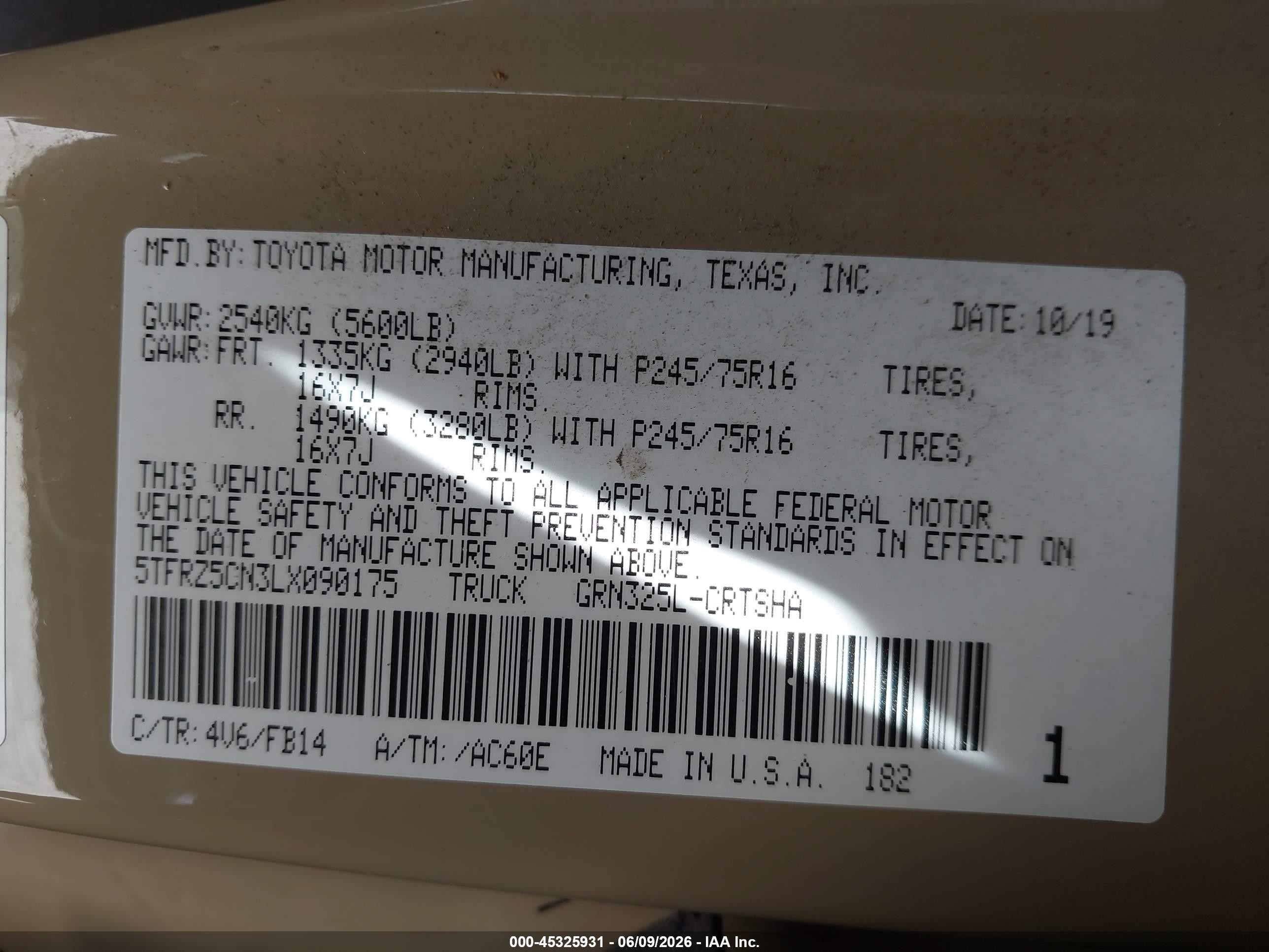 2020 Toyota Tacoma VIN 5TFRZ5CN3LX090175 IAAI salvage auction — Rear End, Salvage (California), sold $8,100 on 2026-07-05 (photo 9)