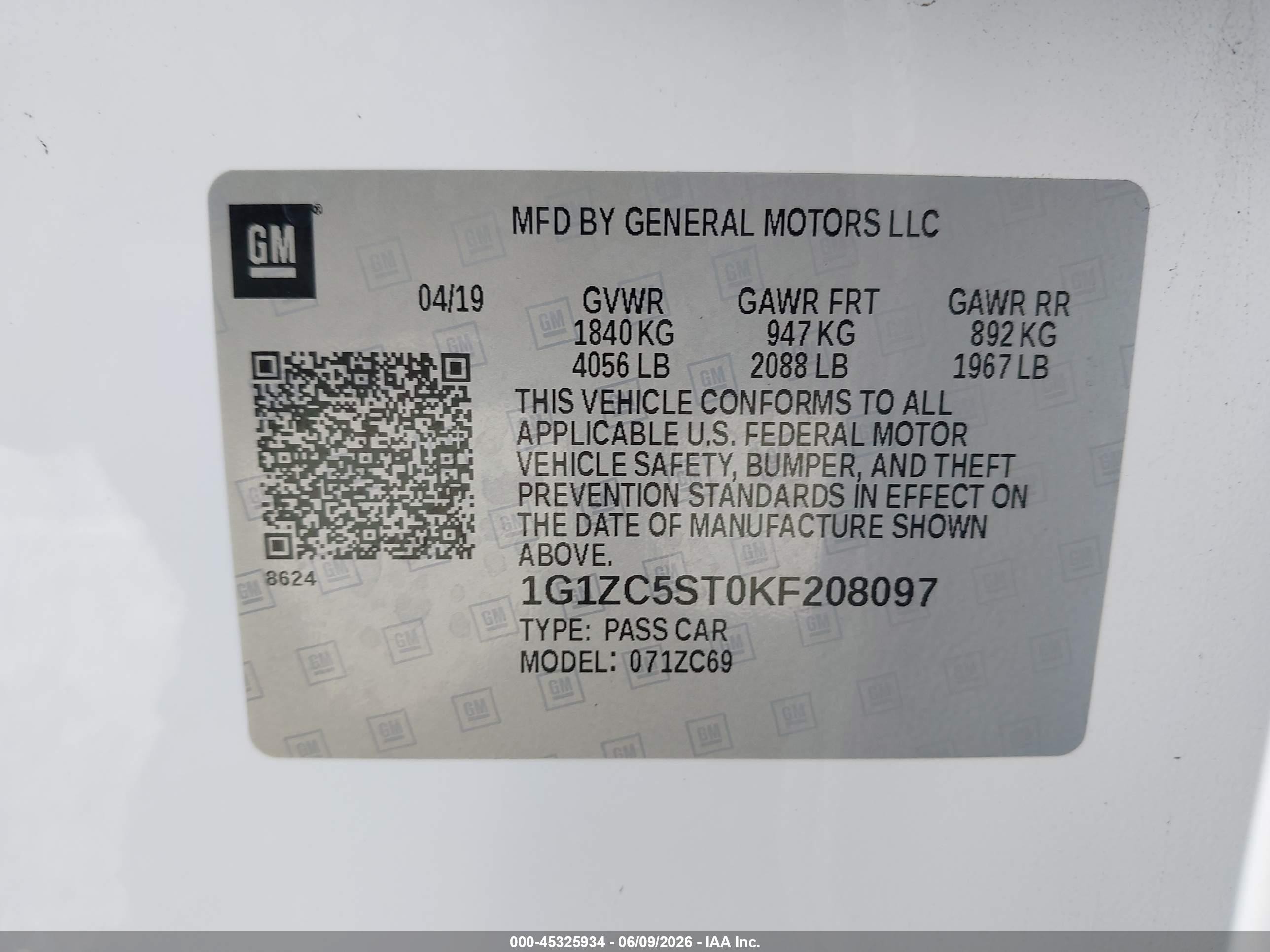 2019 Chevrolet Malibu VIN 1G1ZC5ST0KF208097 IAAI salvage auction — Unknown, Salvage (California), sold $2,300 on 2026-07-09 (photo 9)