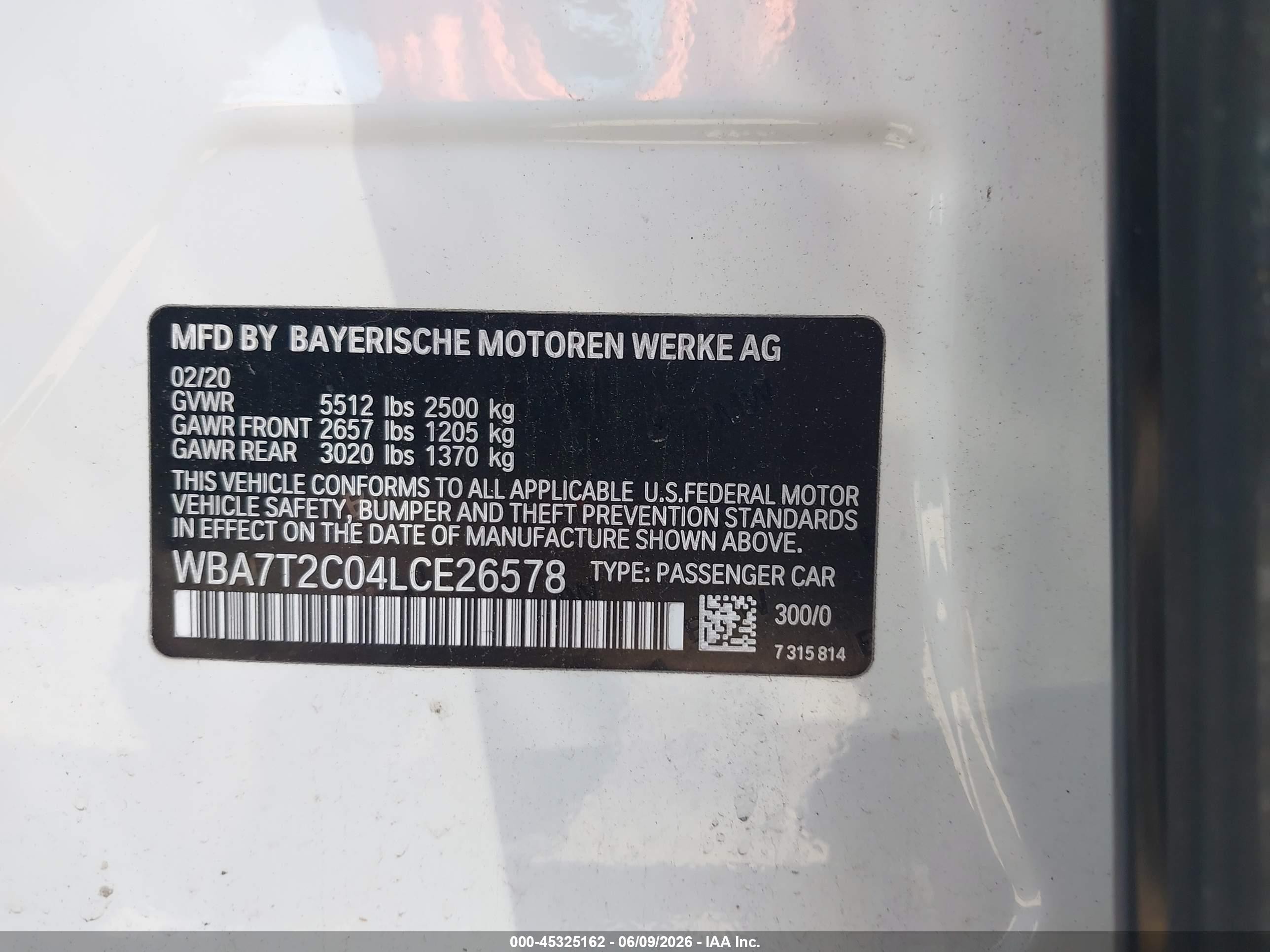2020 BMW 7er VIN WBA7T2C04LCE26578 IAAI salvage auction — Front End, Salvage (Massachusetts), sold $5,200 on 2026-10-06 (photo 9)