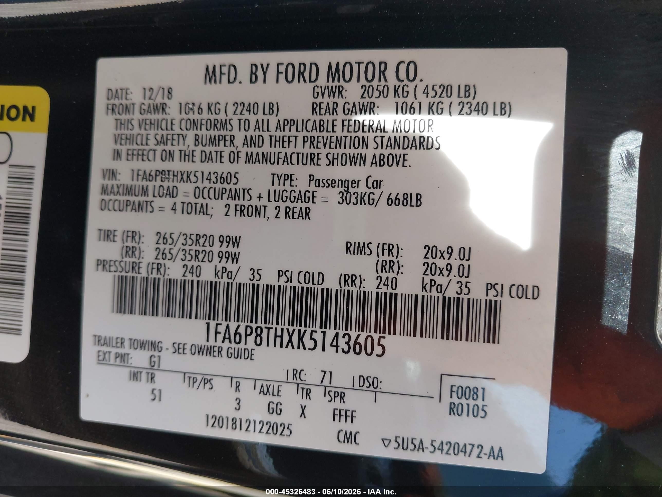 2019 Ford Mustang VIN 1FA6P8THXK5143605 IAAI salvage auction — Unknown, Salvage (California), sold $6,600 on 2026-07-10 (photo 9)