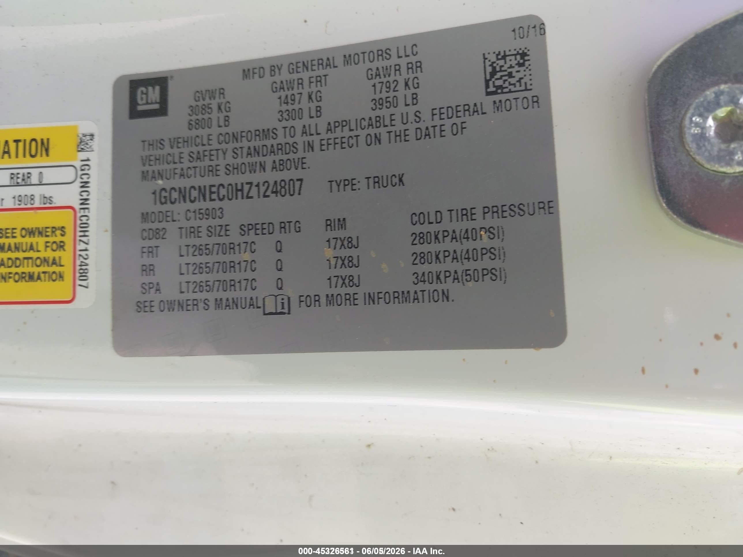 2017 Chevrolet Silverado 1500 VIN 1GCNCNEC0HZ124807 IAAI salvage auction — Side, SF97 (Louisiana), sold $10,350 on 2026-07-09 (photo 9)