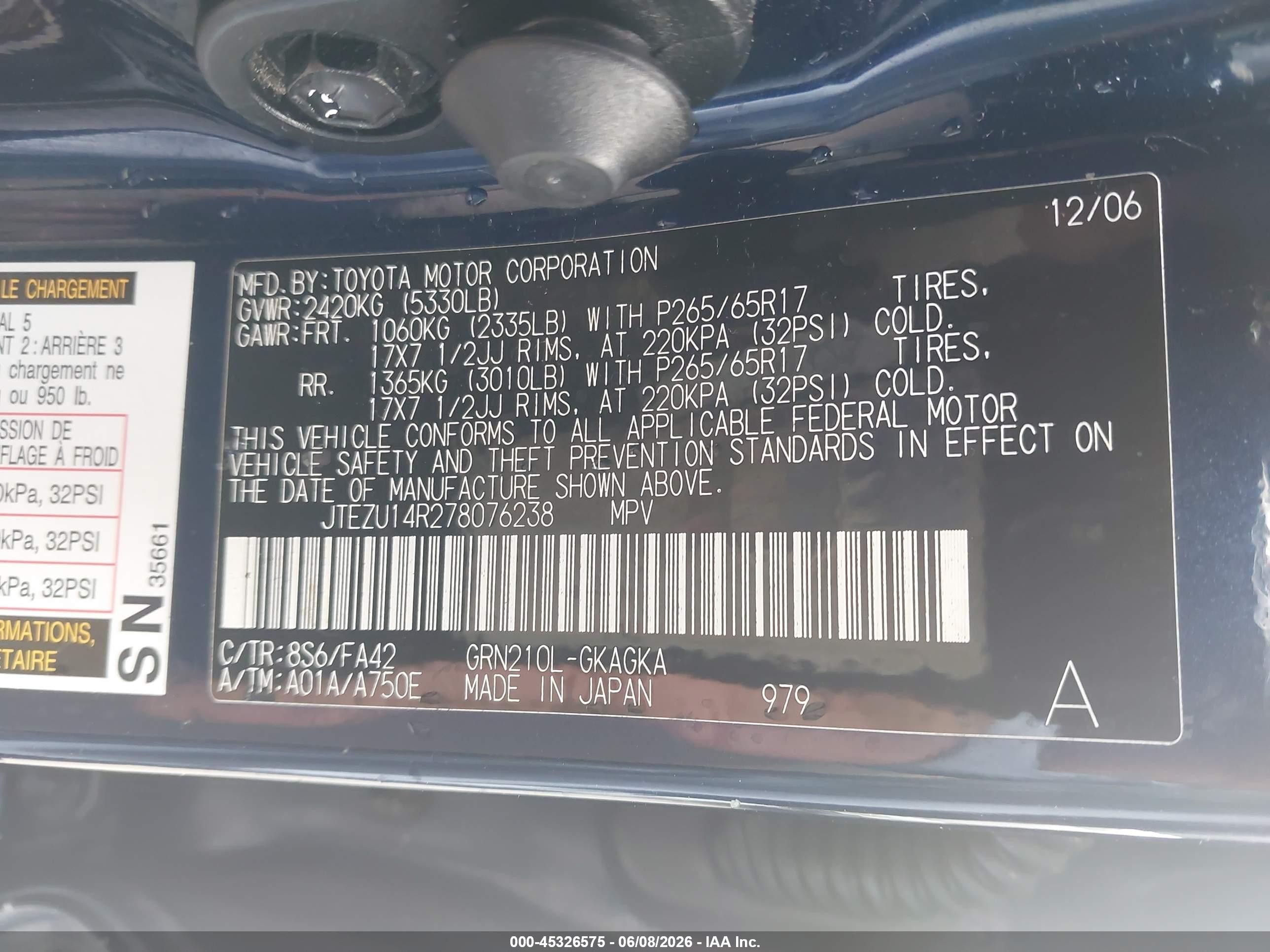2007 Toyota 4Runner VIN JTEZU14R278076238 IAAI salvage auction — Front End, Salvage (California), sold $4,125 on 2026-07-06 (photo 9)