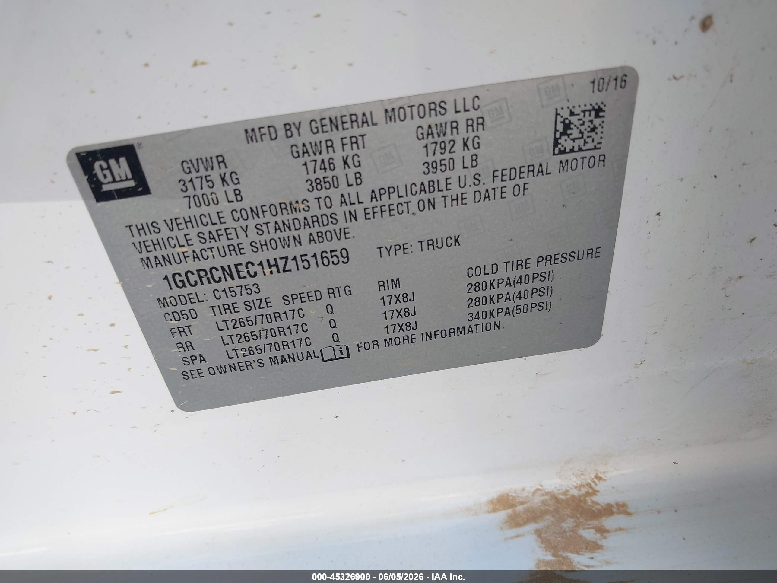 2017 Chevrolet Silverado 1500 VIN 1GCRCNEC1HZ151659 IAAI salvage auction — Normal Wear, SF97 (Louisiana), sold $15,750 on 2026-07-09 (photo 9)