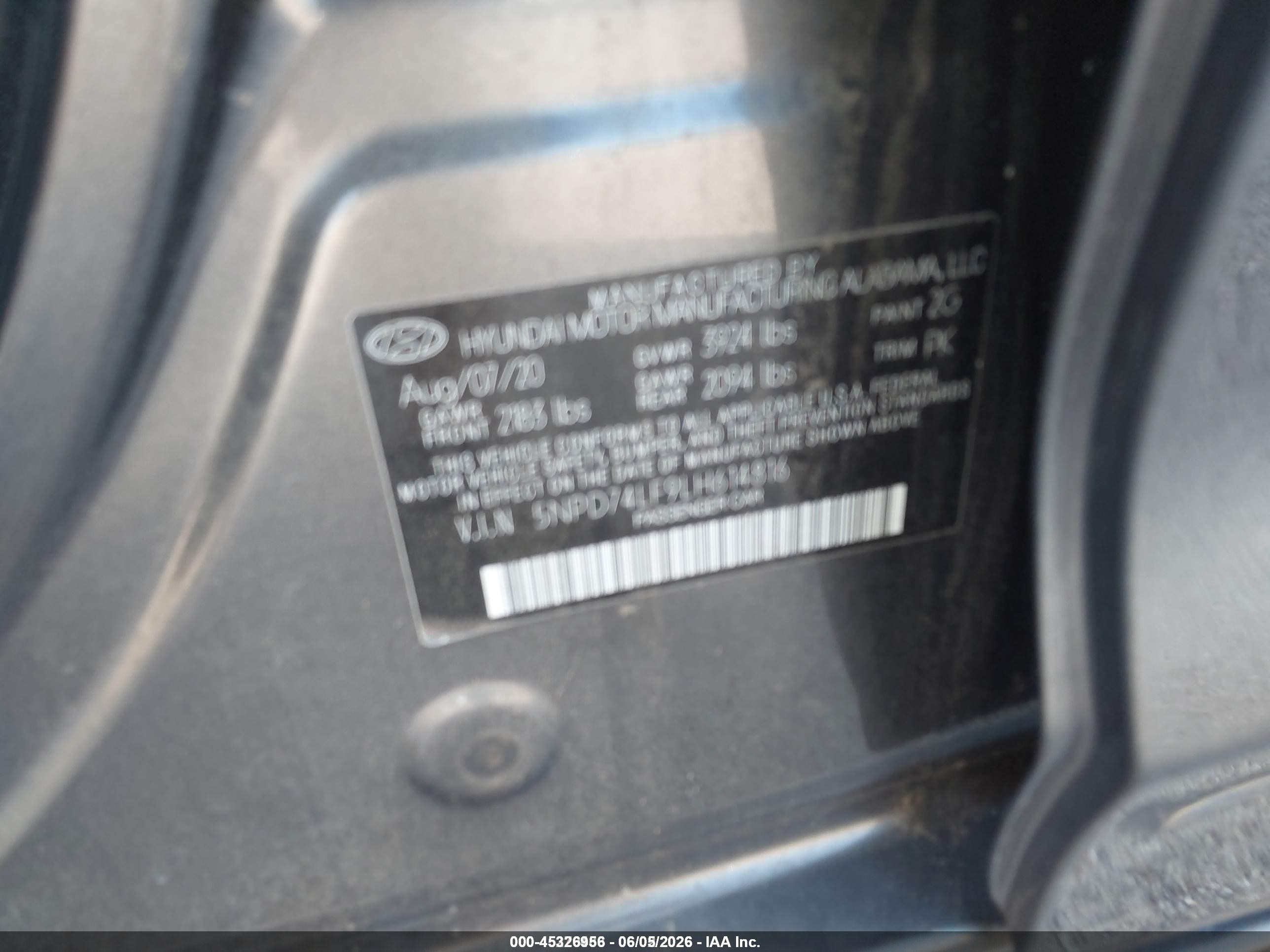 2020 Hyundai Elantra VIN 5NPD74LF9LH614816 IAAI salvage auction — Normal Wear, SF97 (Louisiana), sold $12,625 on 2026-07-09 (photo 9)