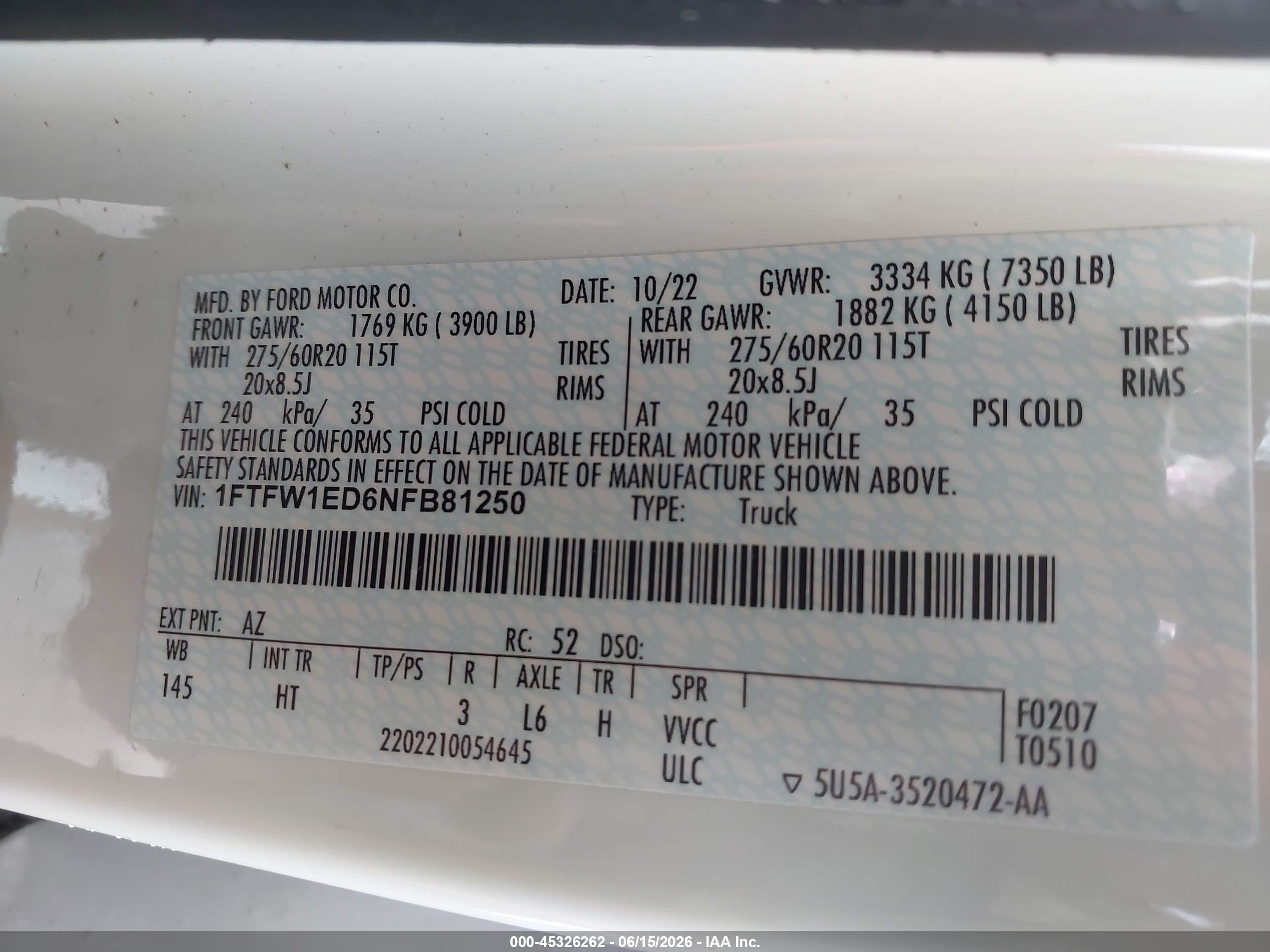 2022 Ford F-150 VIN 1FTFW1ED6NFB81250 IAAI salvage auction — Side, Original (Texas), sold $11,400 on 2026-09-04 (photo 9)