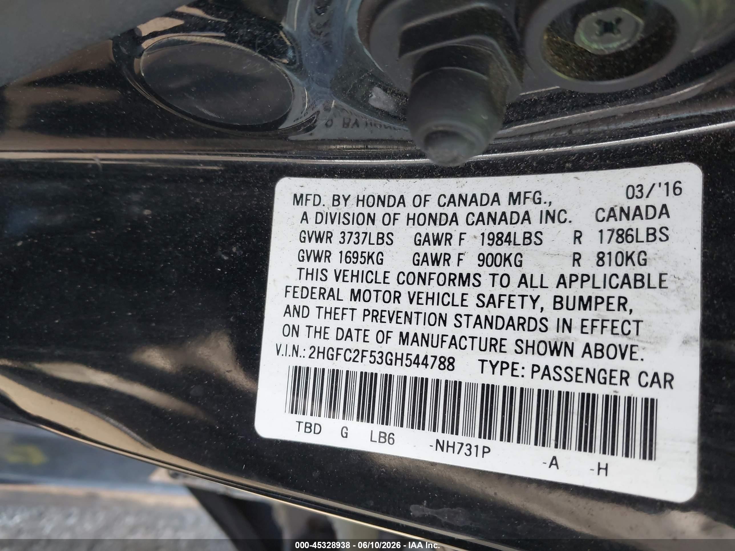 2016 Honda Civic VIN 2HGFC2F53GH544788 IAAI salvage auction — Side, Salvage Certificate (California), sold $1,600 on 2026-07-12 (photo 9)