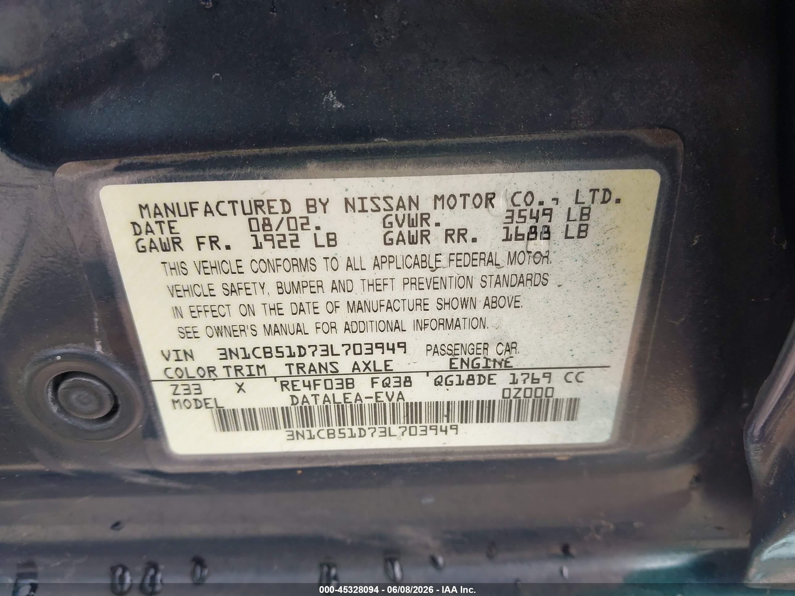 2003 Nissan Sentra VIN 3N1CB51D73L703949 IAAI salvage auction — Rear End, Salvage (California), sold $575 on 2026-07-09 (photo 9)