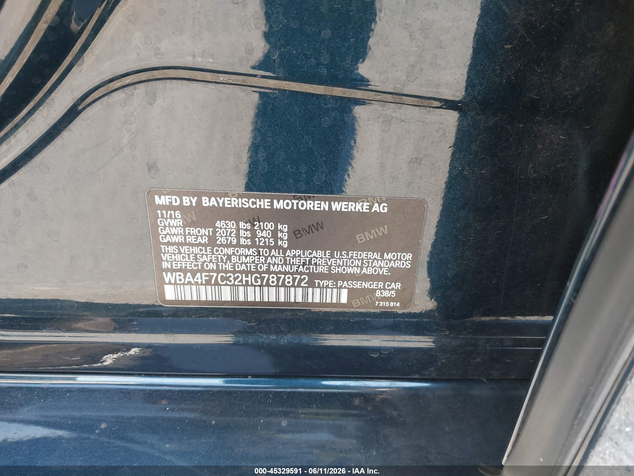 2017 BMW 4 Series VIN WBA4F7C32HG787872 IAAI salvage auction — Front End, Salvage Certificate (California), sold $3,850 on 2026-07-12 (photo 9)