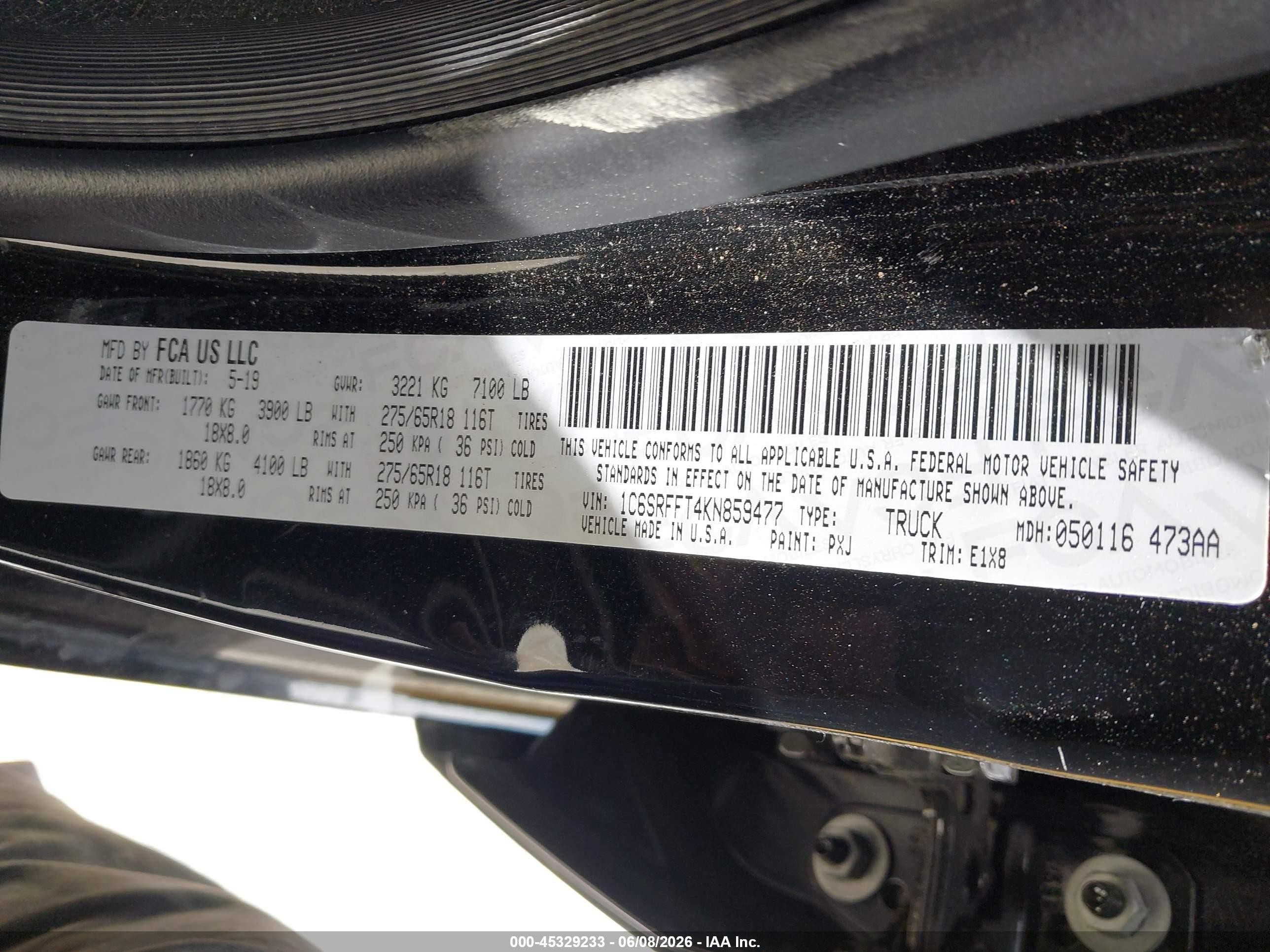 2019 Ram 1500 VIN 1C6SRFFT4KN859477 IAAI salvage auction — Front End, Salvage (California), sold $10,750 on 2026-07-09 (photo 9)