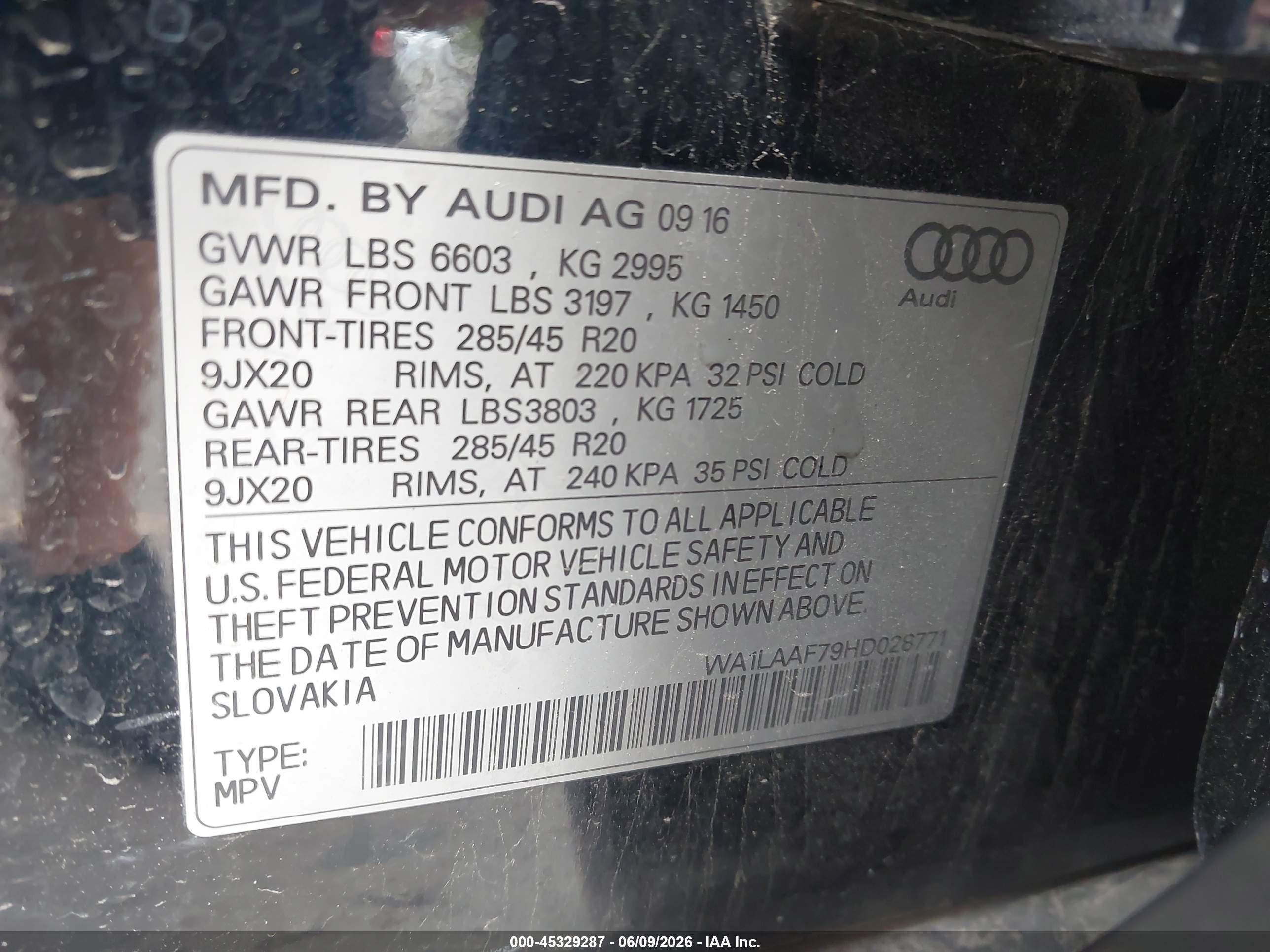 2017 Audi Q7 VIN WA1LAAF79HD028771 IAAI salvage auction — Front End, Salvage (Utah), sold $6,000 on 2026-07-02 (photo 9)