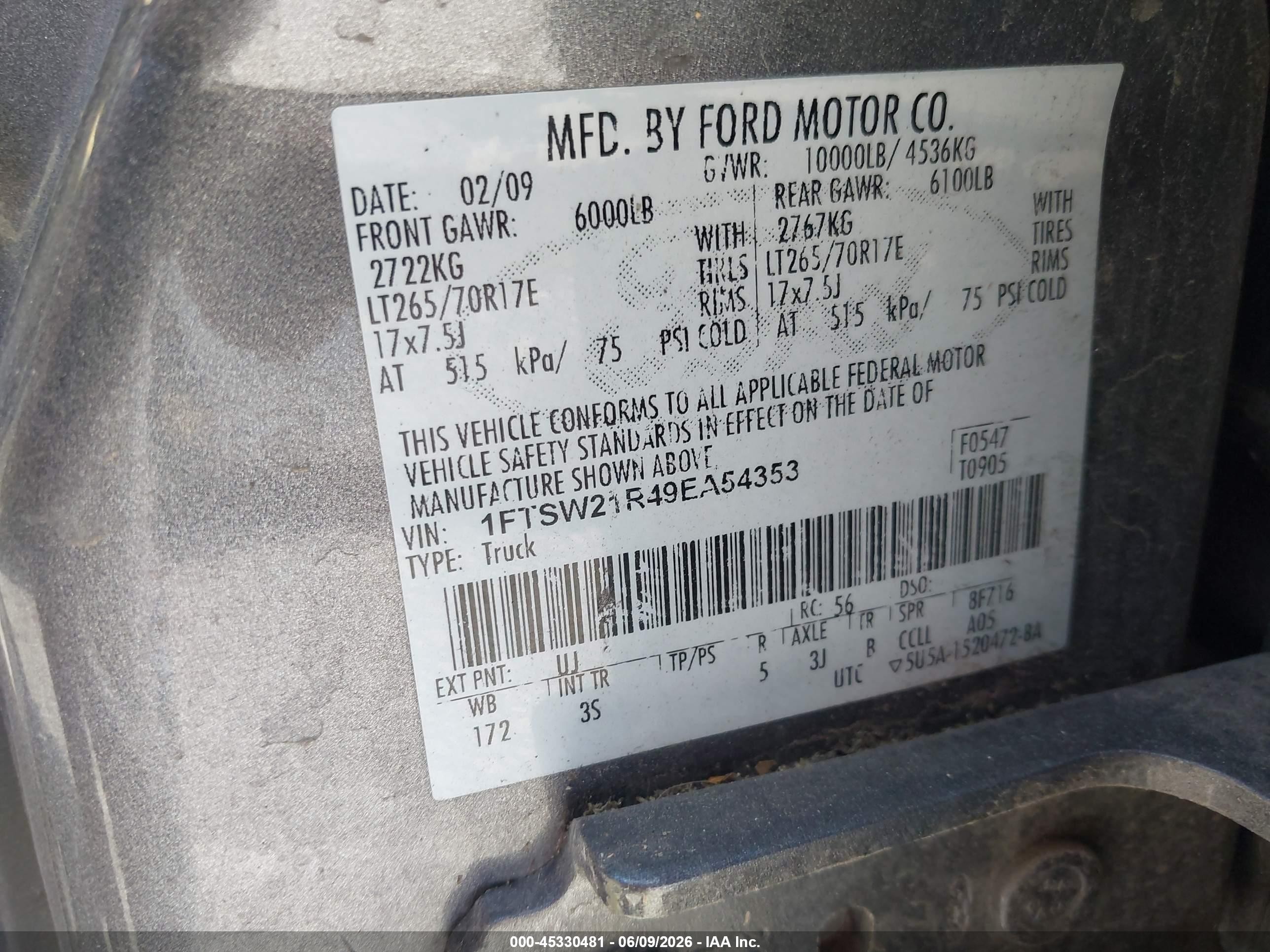 2009 Ford F-550 Super Duty VIN 1FTSW21R49EA54353 IAAI salvage auction — Normal Wear, Clear - Dealer Only (California), sold $400 on 2026-07-09 (photo 9)